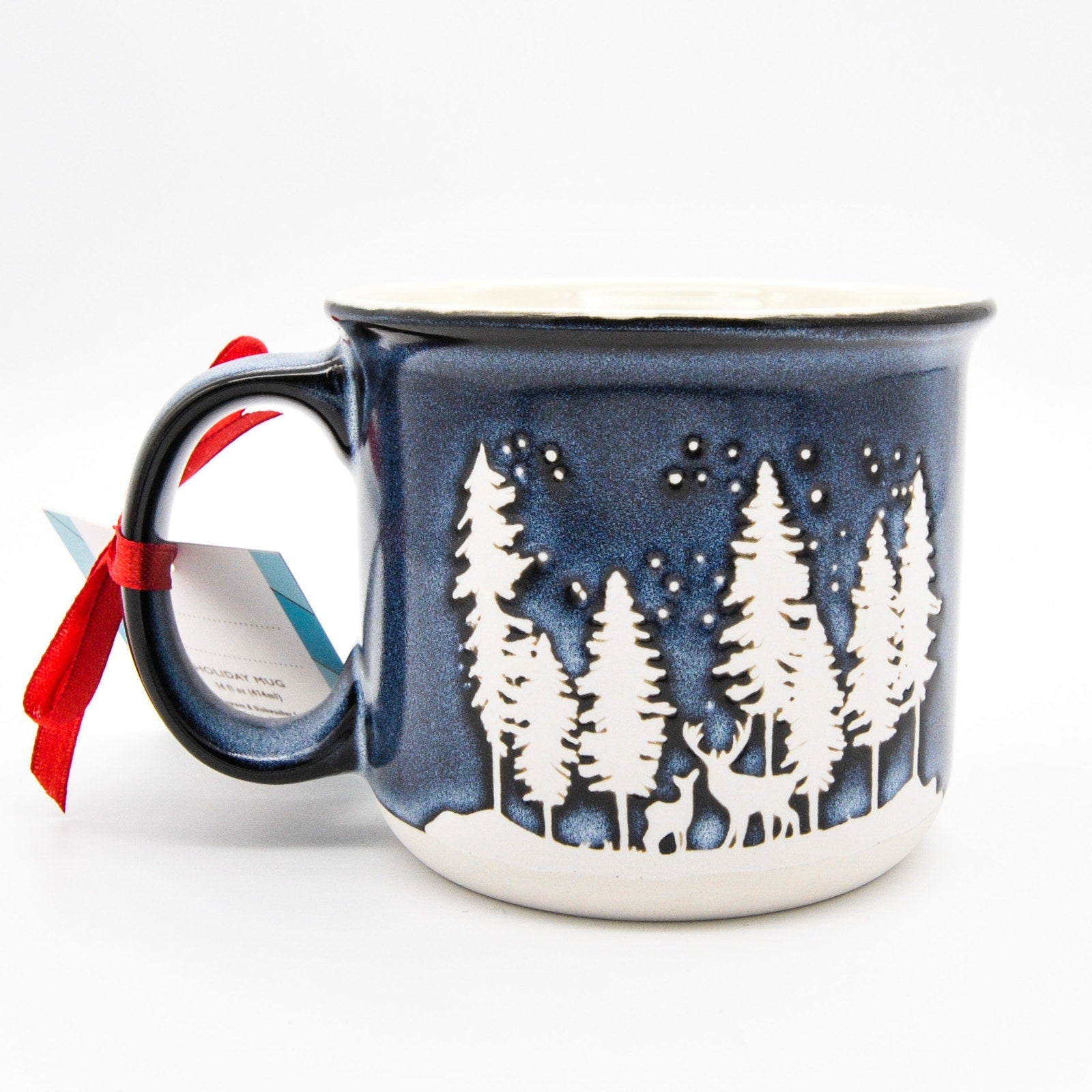 Holiday Camping Mug, Blue Ceramic 14oz Coffee Cup with Elk and Calf Winter Scene by Gingerbread Home
