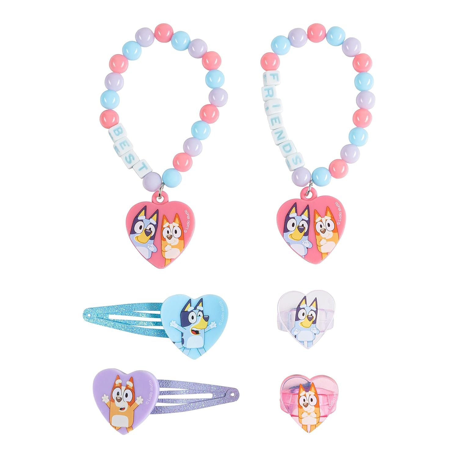 Luv Her Bluey Girls BFF 6 Piece Toy Jewelry Box Set with 2 Rings, 2 Bead Bracelets and Snap Hair Clips Ages 3+