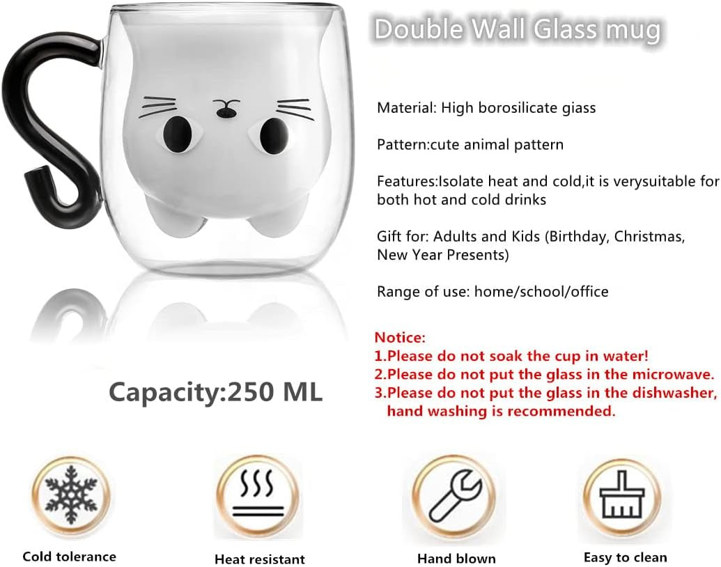 Cute Cat Double Wall Glass Coffee Mug – 8.5oz Insulated Tea & Coffee Cup Gift for Cat Lovers