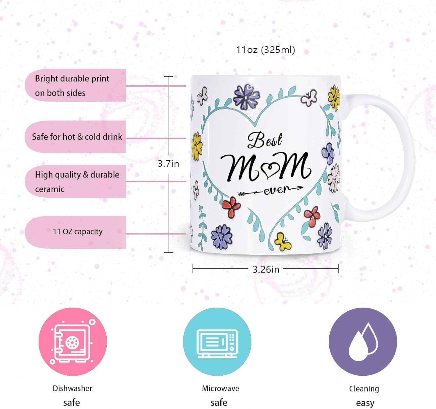 Gifts for Best Mom Ever Mug 11Oz Birthday Gift for Mom Mothers Day Gifts from Daughter Son, Hand-Painted 3D Flower Moms Cup,Microwave & Dishwasher Safe Coffee Mug for Mothers Day Christmas Gift
