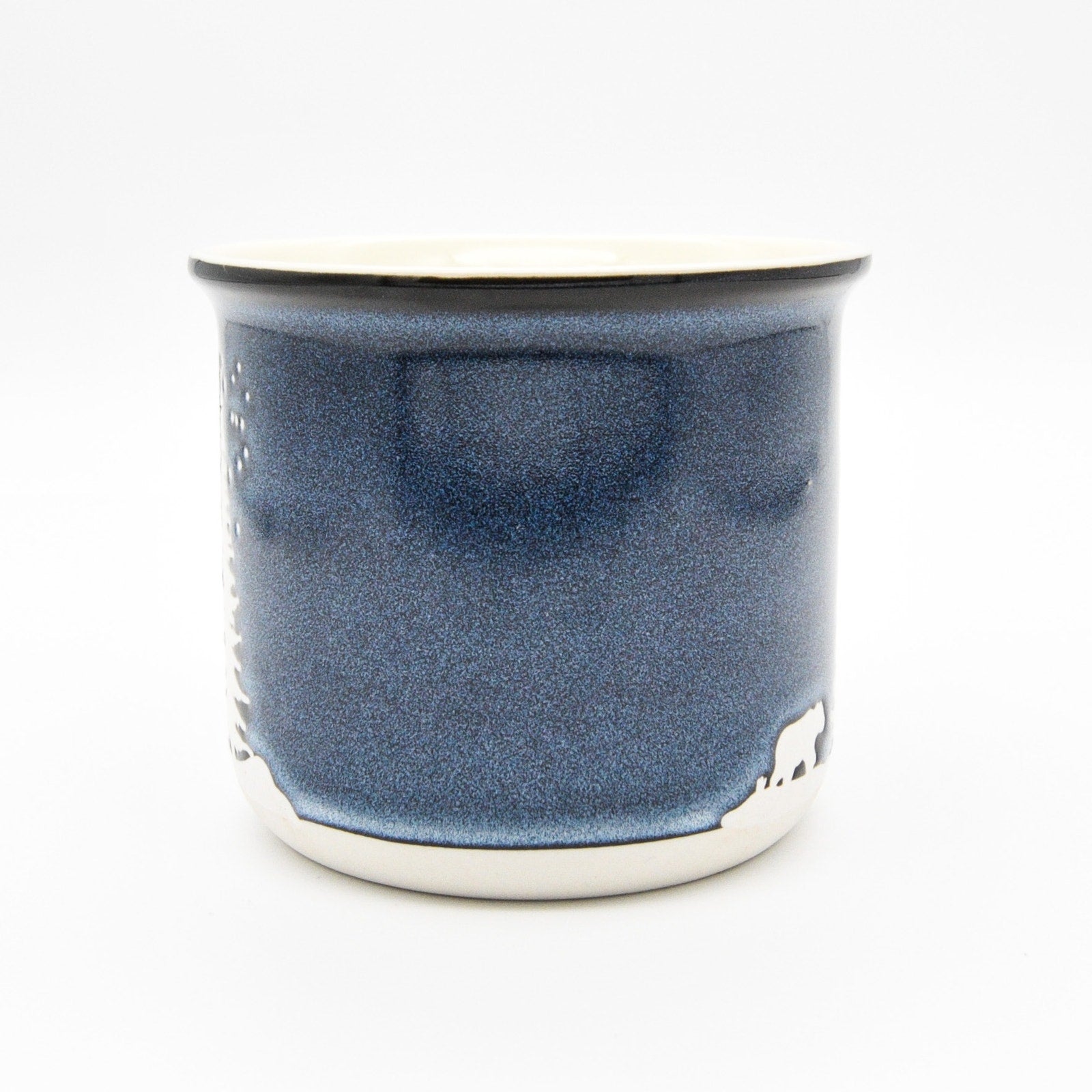 Holiday Camping Mug, Blue Ceramic 14oz Coffee Cup with Bear in Winter Scene by Gingerbread Home