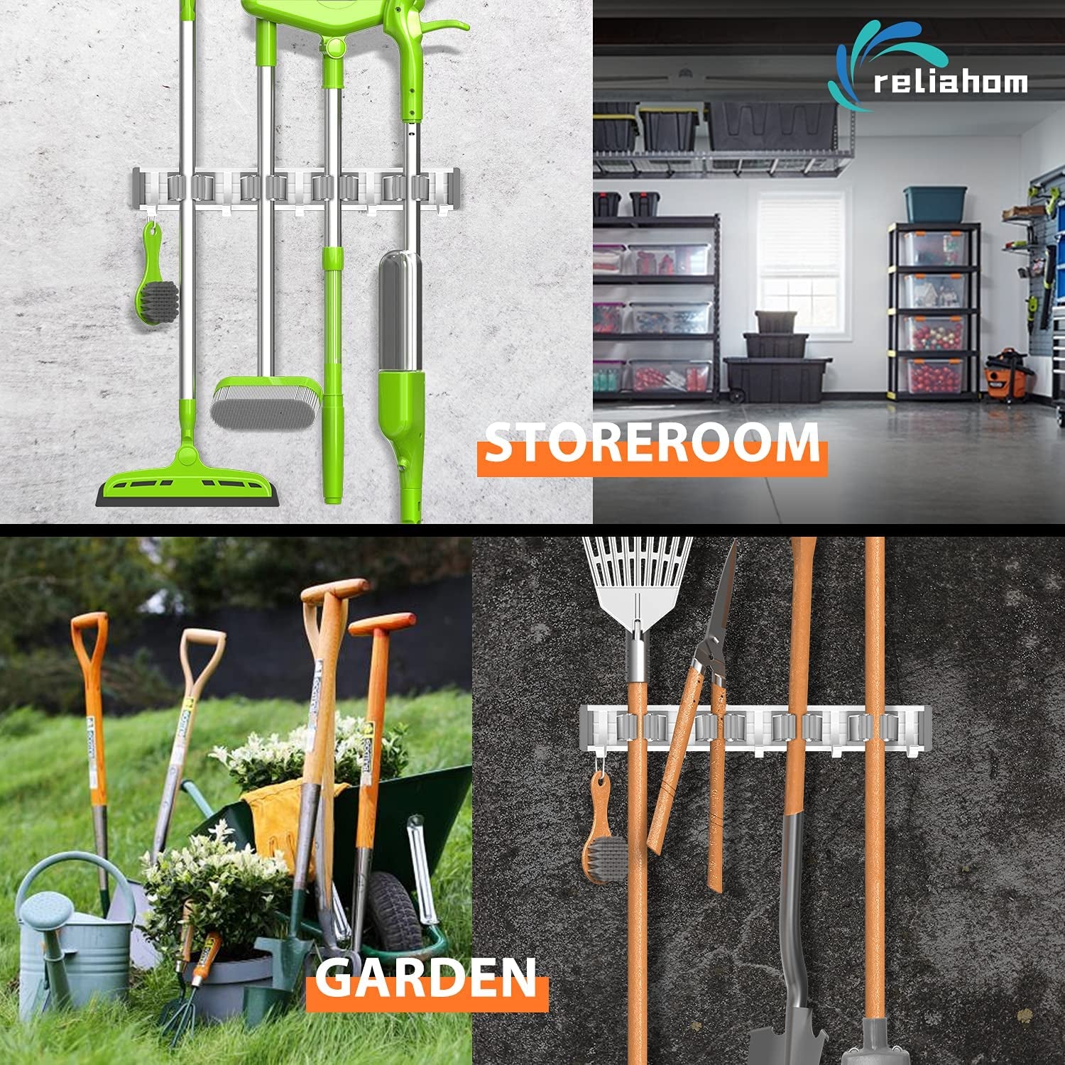 Broom Holder Wall Mount Mop and Broom Hanger Wall Mounted Garage Storage Rack Kitchen Garden Tool Organizer (4 Racks with 5 Hooks, Silver)