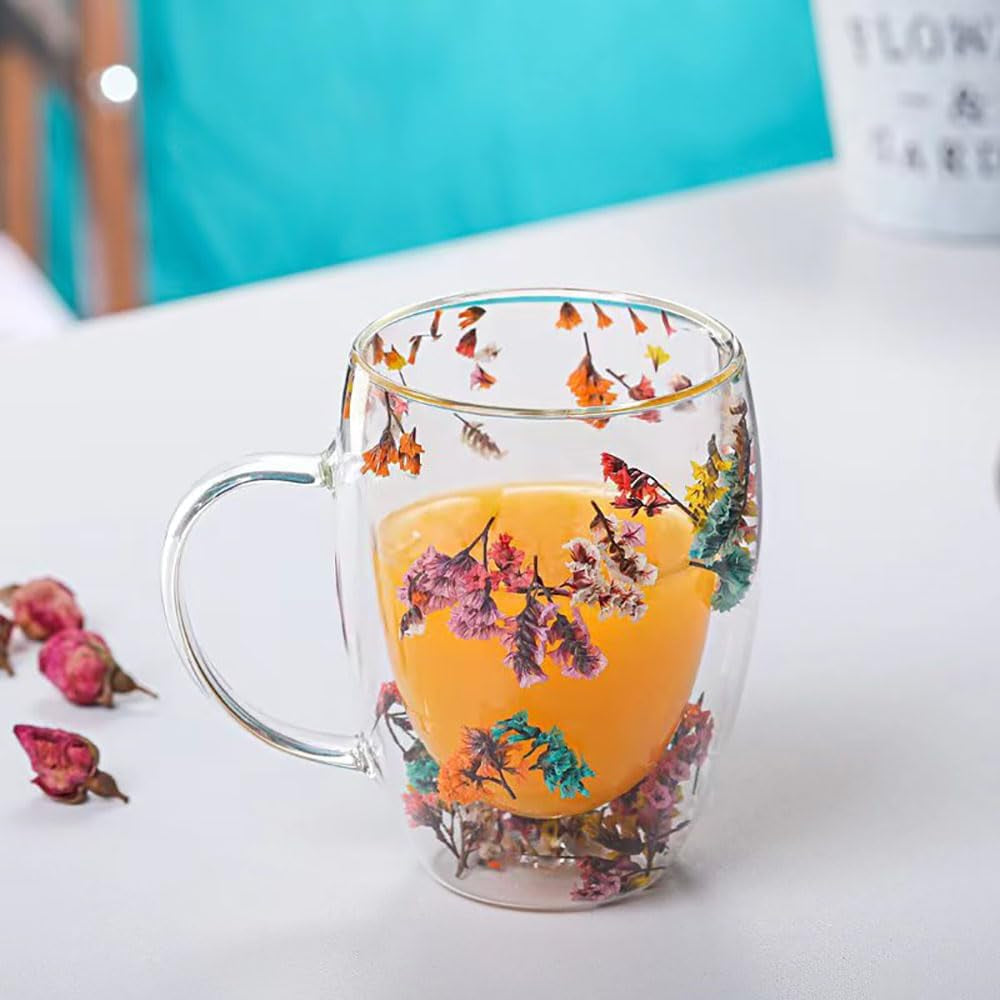 Pressed Flower Double Wall Glass Coffee Mug – Insulated Floral Tea & Coffee Cup with Handle