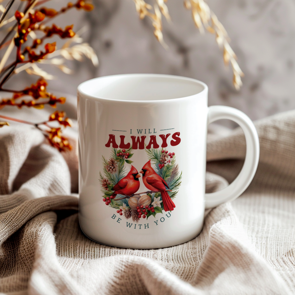 Red Cardinal Mug – Northern Red Cardinal Christmas Mug with Heartfelt Message, 11oz or 15oz White Ceramic Coffee Cup