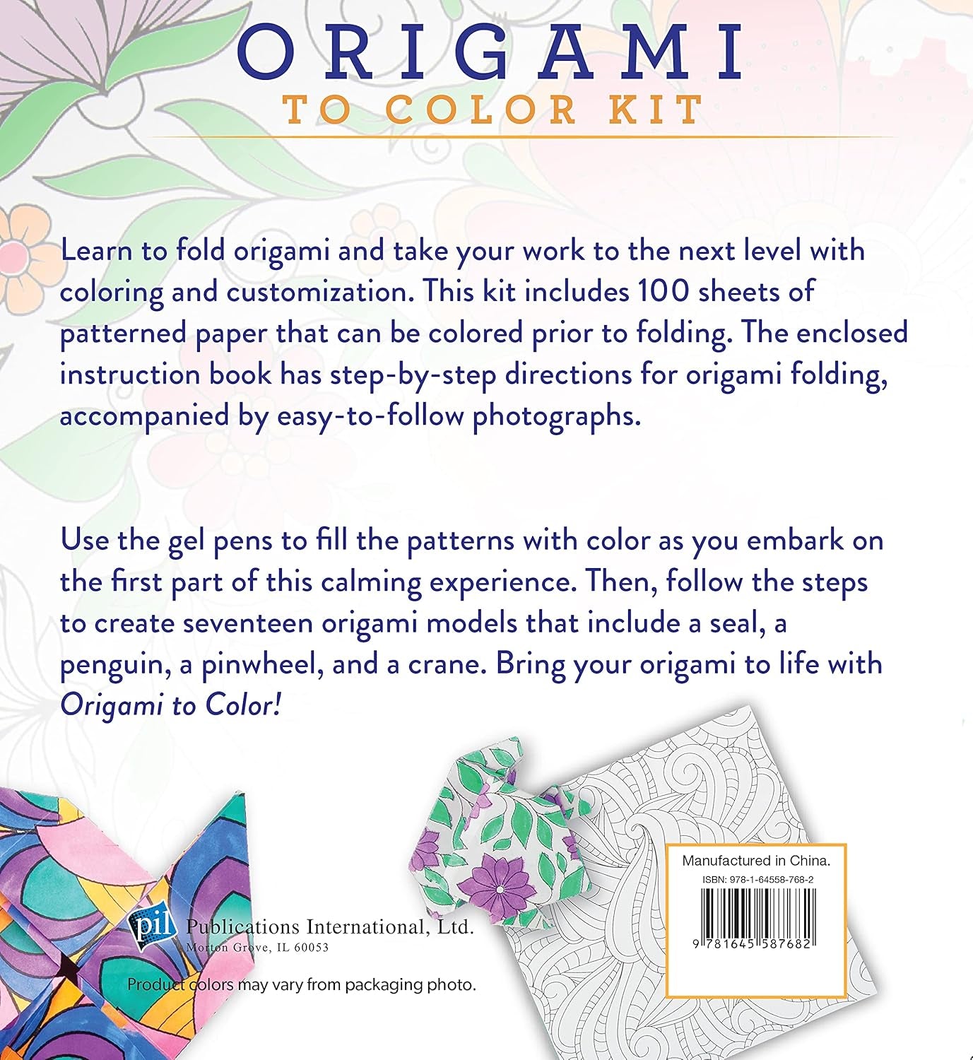 Origami to Color Kit: Includes 100 Origami Sheets, 5 Gel Pens, and 12 Page Instruction Book