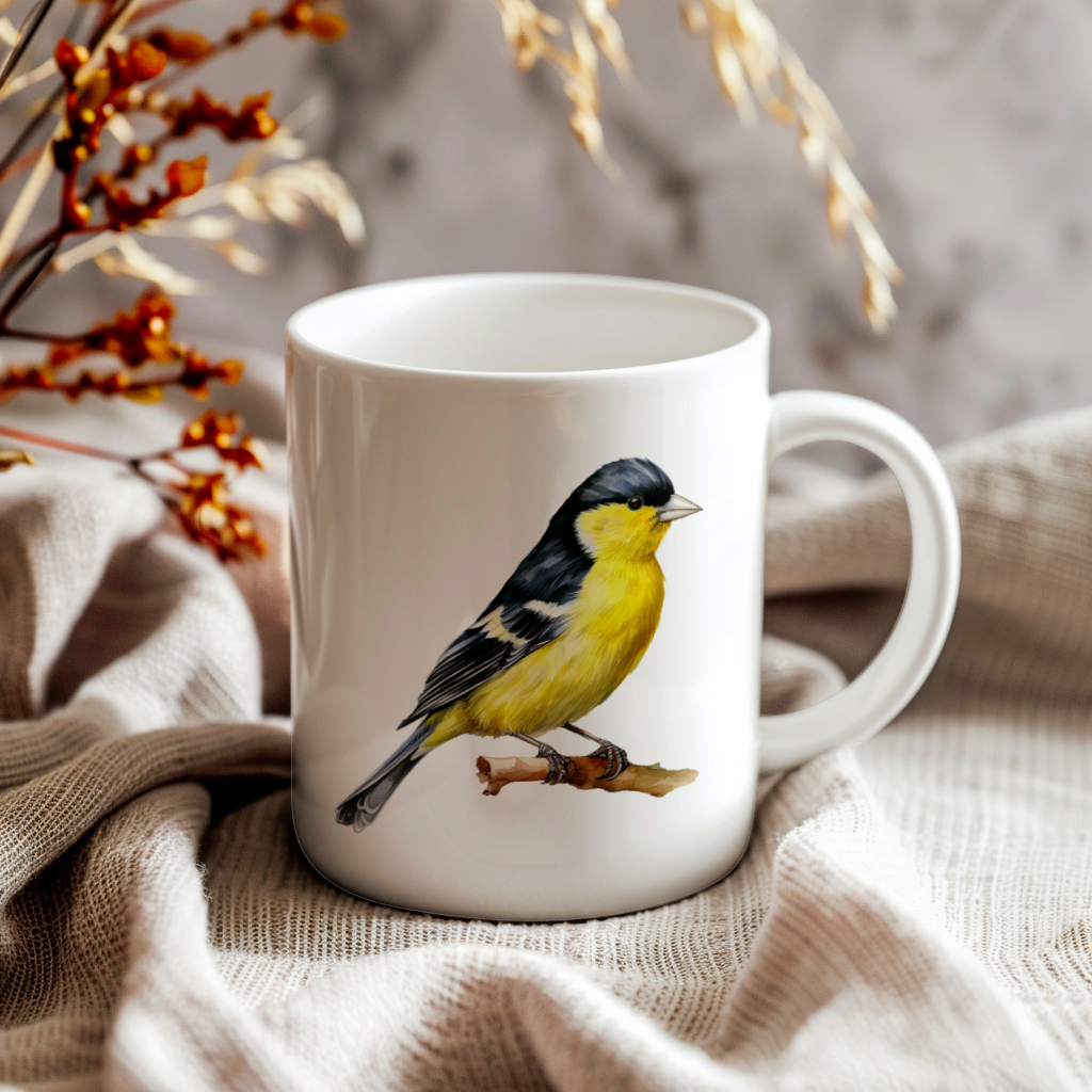 Bird Watching Mug, Lesser Goldfinch Song Bird Mug, 11oz or 15oz White Ceramic Coffee Mug Gift for Bird Watchers