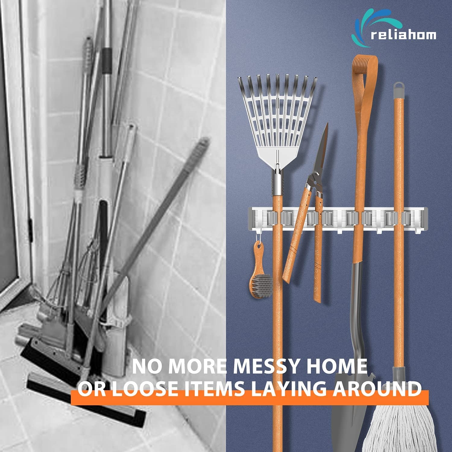 Broom Holder Wall Mount Mop and Broom Hanger Wall Mounted Garage Storage Rack Kitchen Garden Tool Organizer (4 Racks with 5 Hooks, Silver)
