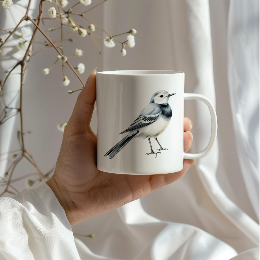 Bird Watching Mug, White Wagtail Song Bird Mug, 11oz or 15oz White Ceramic Coffee Mug Gift for Bird Watchers