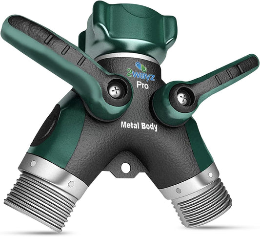 2WAYZ Hose Splitter 2 Way Heavy Duty Outdoor Faucet and Garden Connector - Water Spigot Splitter - Durable All-Metal Y Adapter with Shut-Off Valve - 4 X 4 X 1.5 Inches