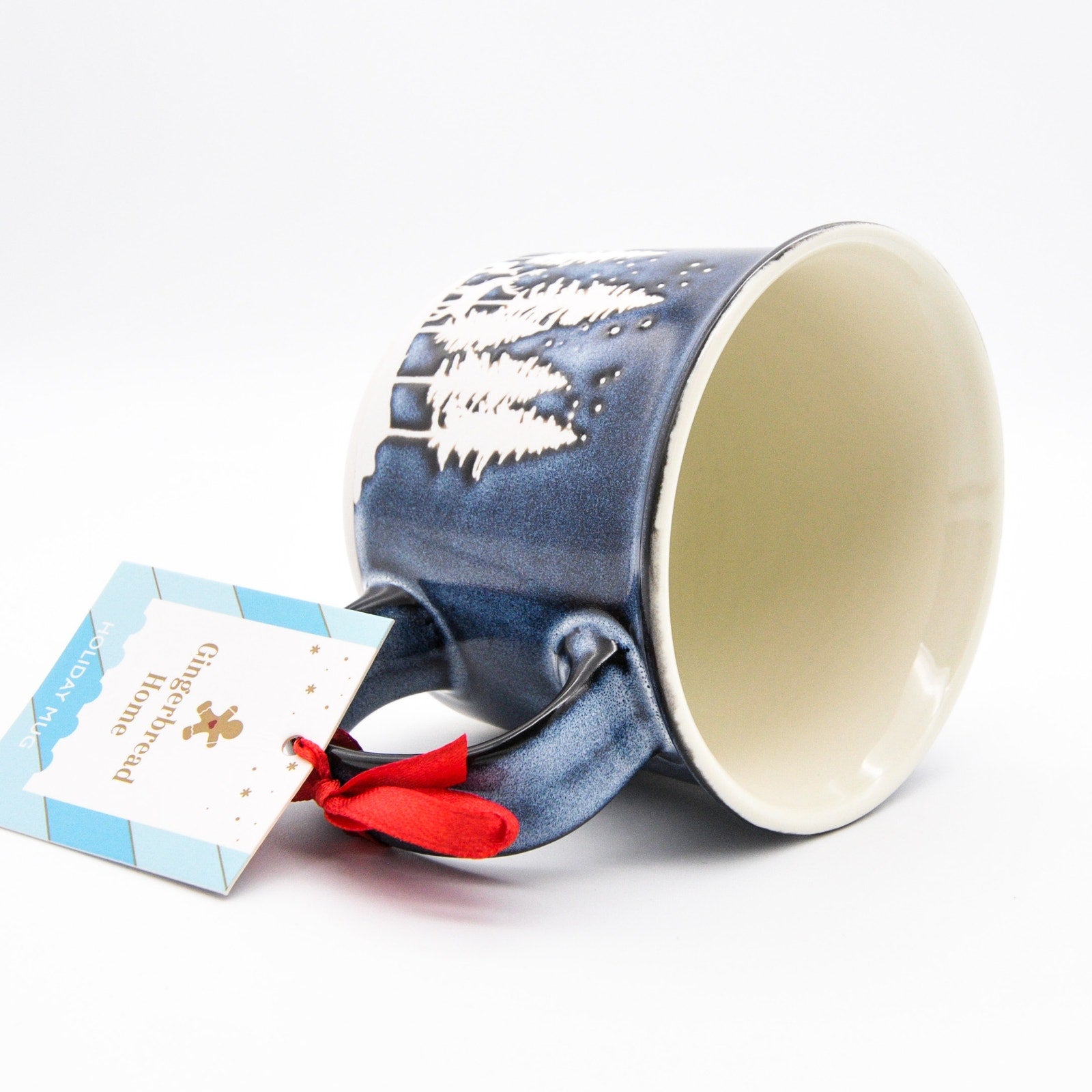 Holiday Camping Mug, Blue Ceramic 14oz Coffee Cup with Elk and Calf Winter Scene by Gingerbread Home