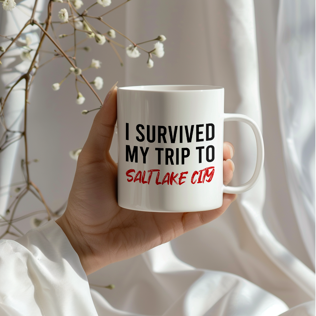 Funny Travel Mug – I Survived My Trip to Salt Lake Salt Lake City, 11oz or 15oz White Ceramic Coffee Mug, Novelty Travel Gift
