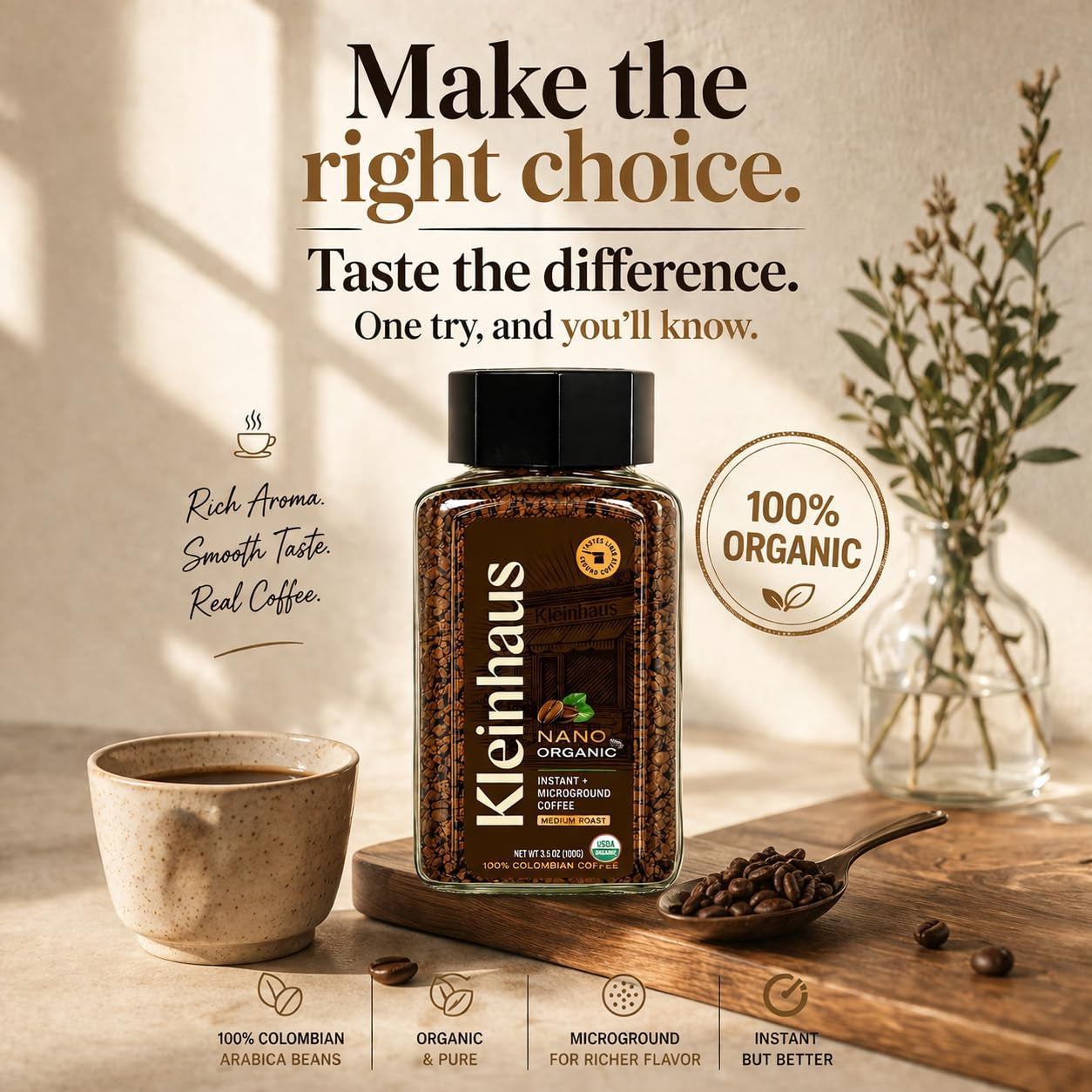 Organic Medium Roast Nano Instant Coffee + Microground | 100% Colombian Arabica Coffee | Freeze Dried | Fresh Brewed Taste | 1 Jar 3.5 Oz