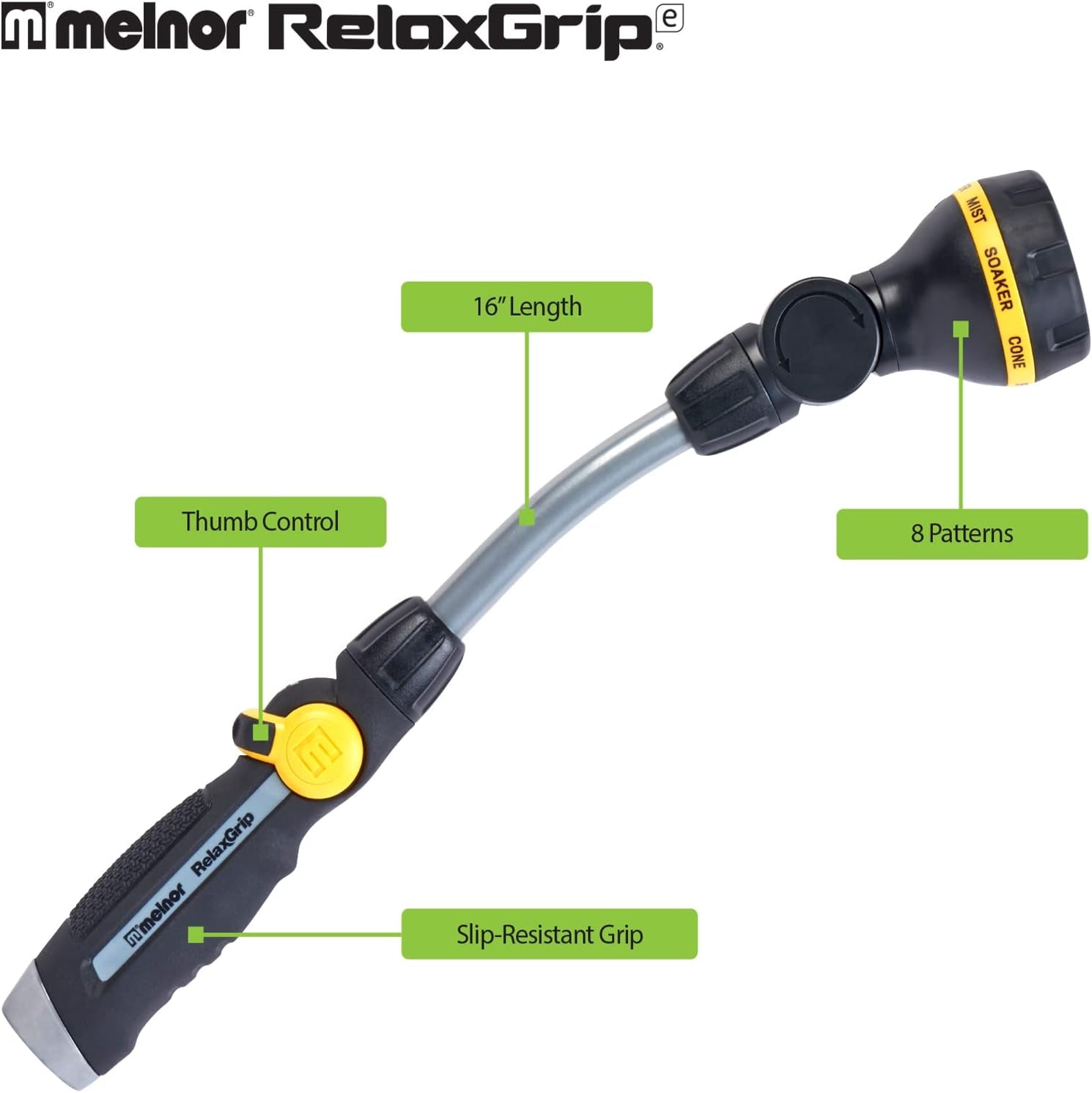 Melnor 65173AMZ Relaxgrip 8 Pattern 16" Pivoting Wand Bundle, Metal, Black, Yellow