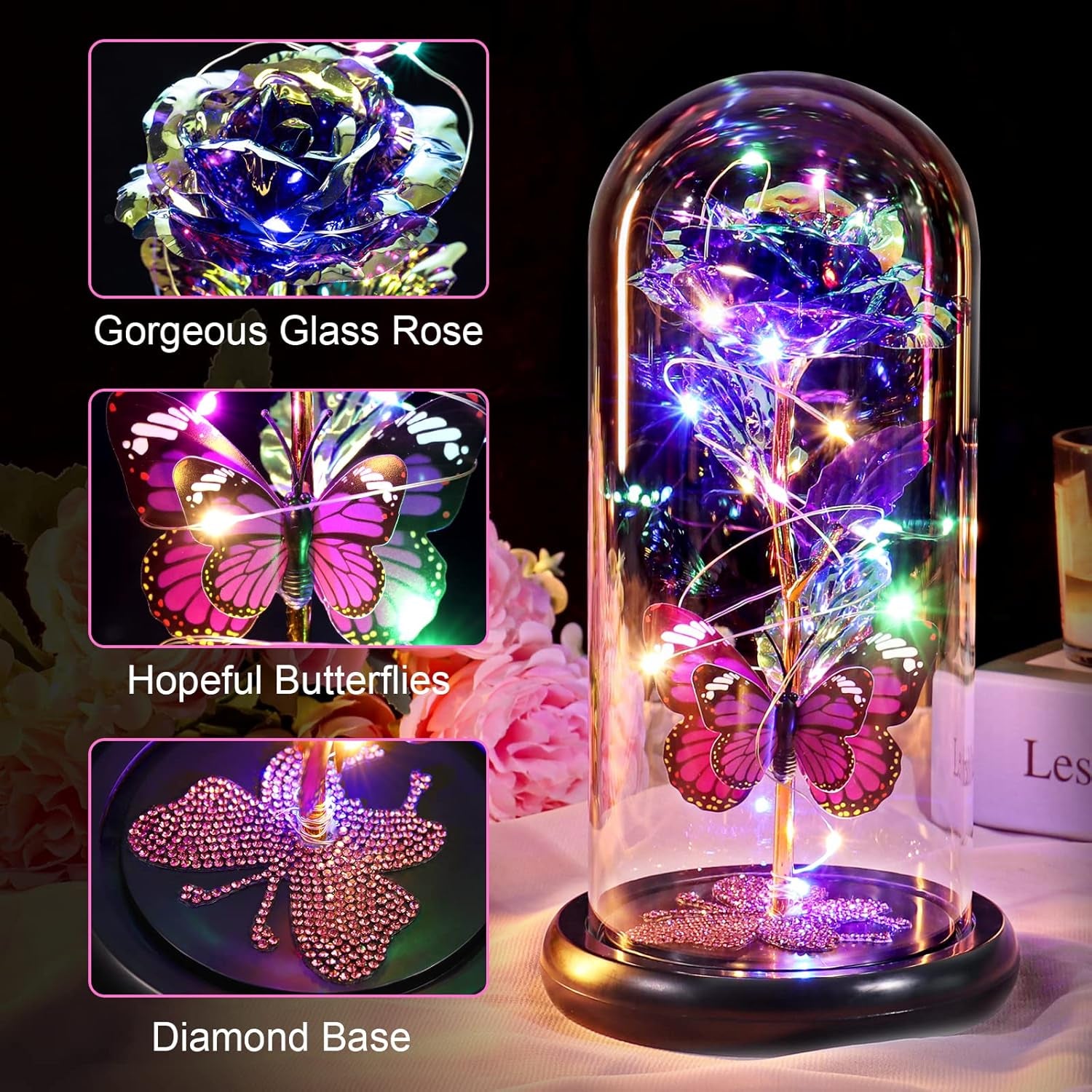 Mothers Day Flower Mom Gifts from Daughter Purple Rose Eternal Flower Light up Rose in Glass Dome with Butterfly Birthday Gifts for Women Thanksgiving Anniversary Grandma Girlfriend Wife Gift for Her