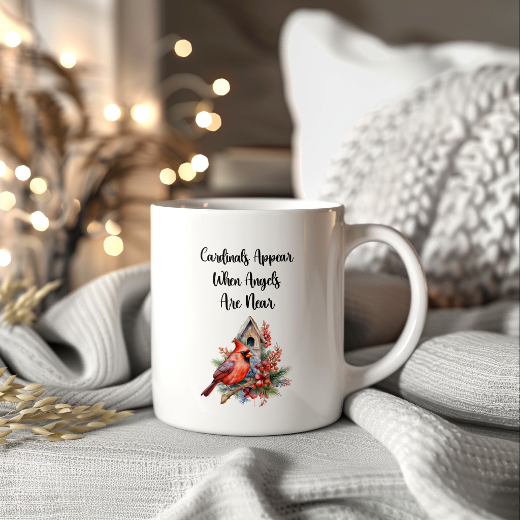 Red Cardinal Mug – "Cardinals Appear When Angels Are Near," 11oz or 15oz Ceramic Christmas Coffee Mug Gift for Cardinal Lovers