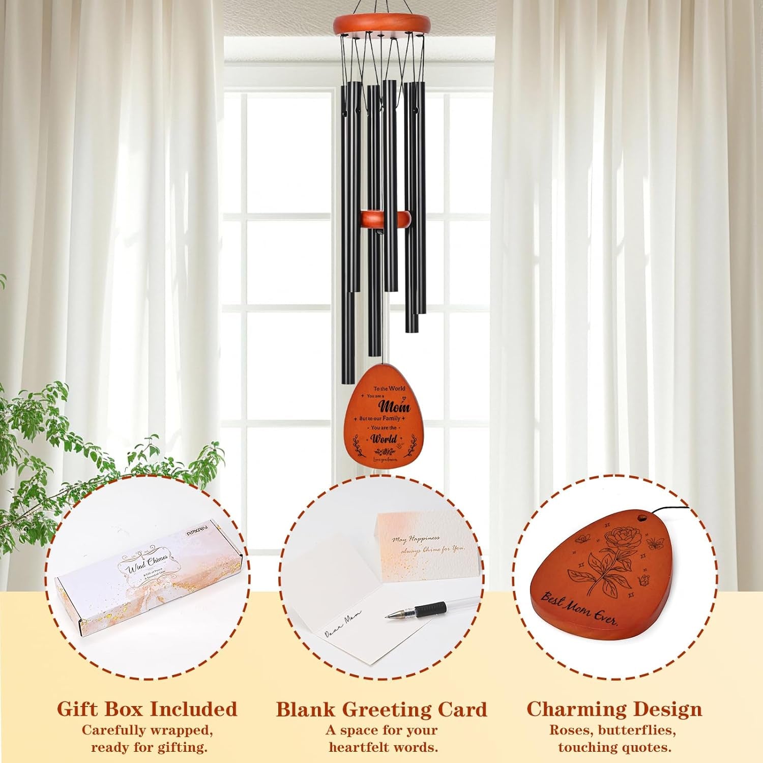 Gifts for Mom, Moms Wind Chimes, Mothers Day Moms Birthday Gift from Daughter Son, Best Mom Ever Gift for Mother'S Day Christmas Thanksgiving, 26 Inch Wind Chime