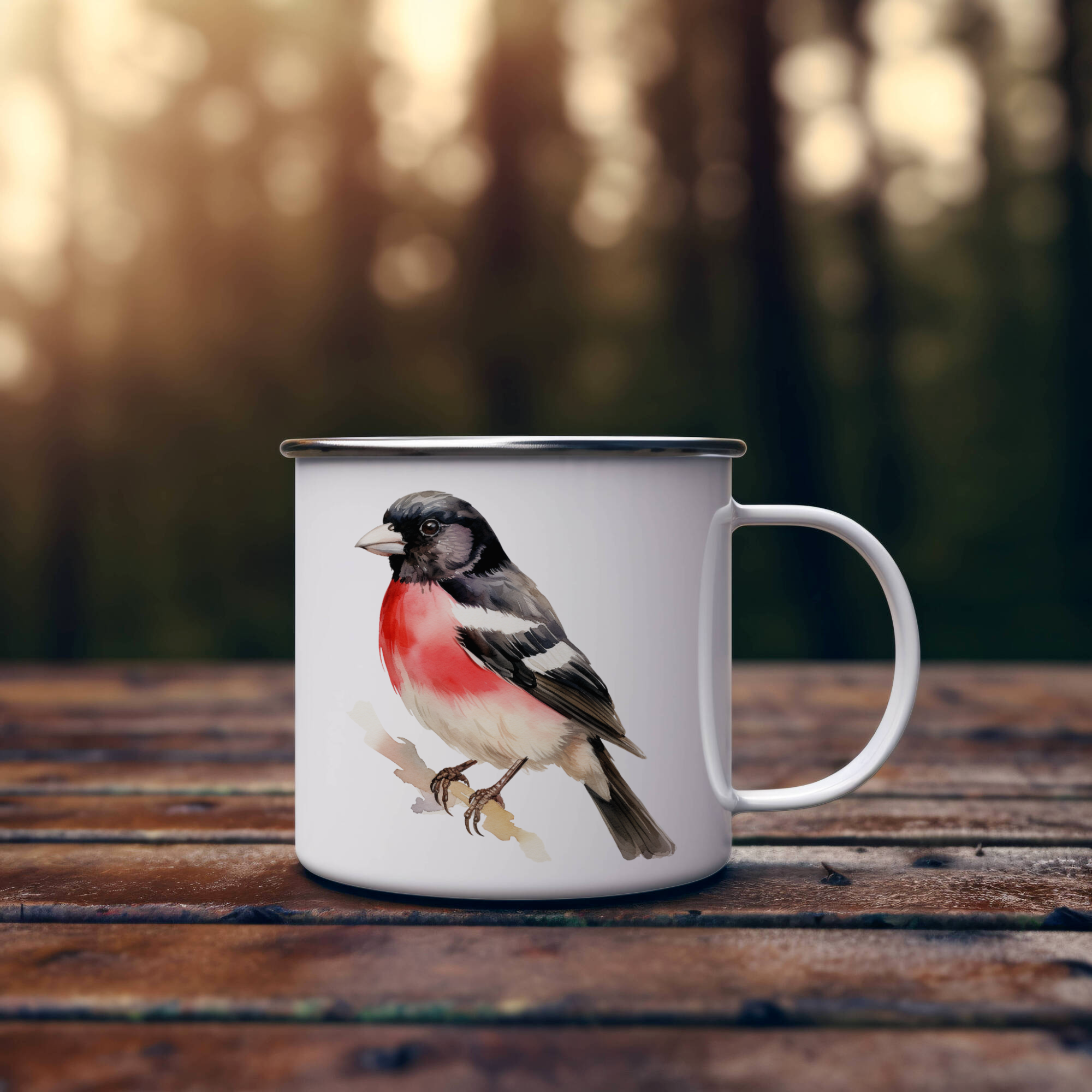 Bird Watching Mug, Rose Breasted Grosbeak Song Bird Camping Mug, 12oz Camping Mug, White Stainless Steel Cup with Handle