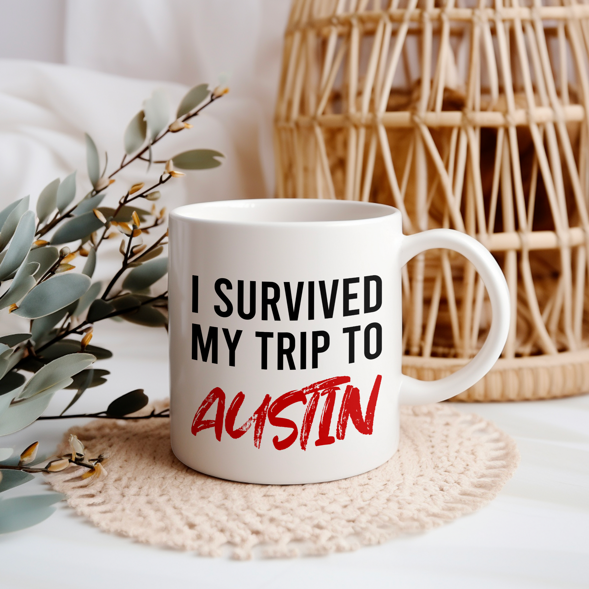 Funny Travel Mug – I Survived My Trip to Austin, 11oz or 15oz White Ceramic Coffee Mug, Novelty Travel Gift