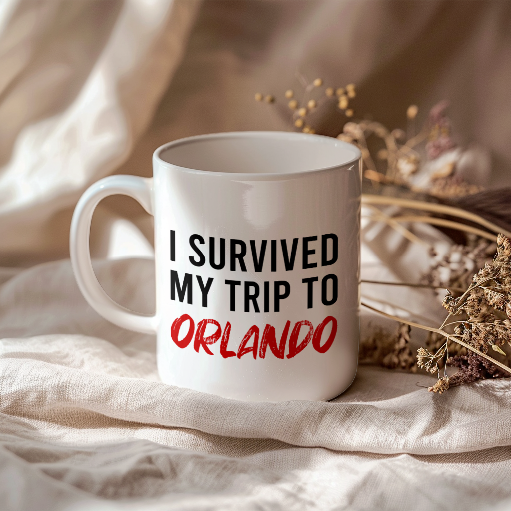 Funny Travel Mug – I Survived My Trip to Orlando, 11oz or 15oz White Ceramic Coffee Mug, Novelty Travel Gift
