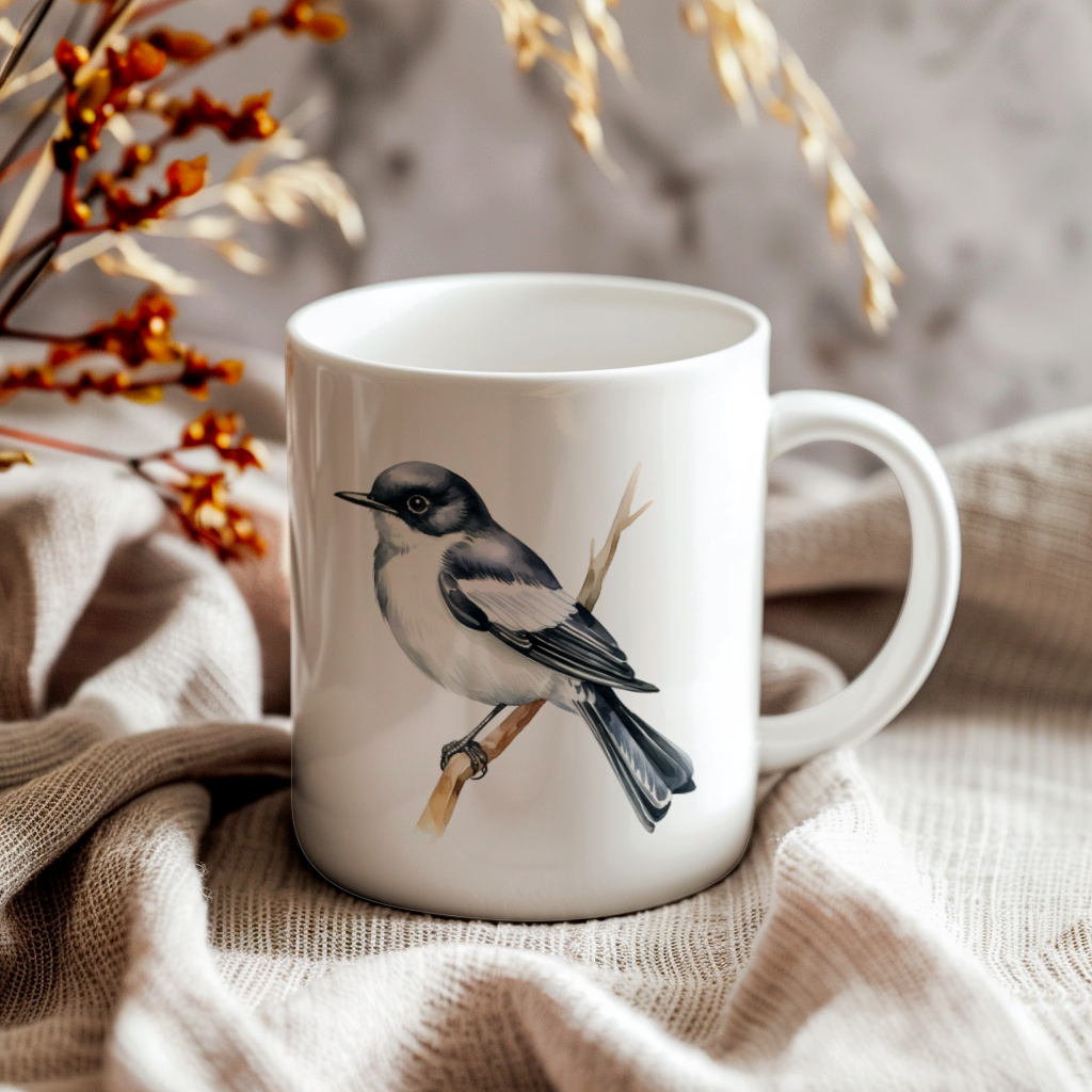 Bird Watching Mug, Pied Flycatcher Song Bird Mug, 11oz or 15oz White Ceramic Coffee Mug Gift for Bird Watchers