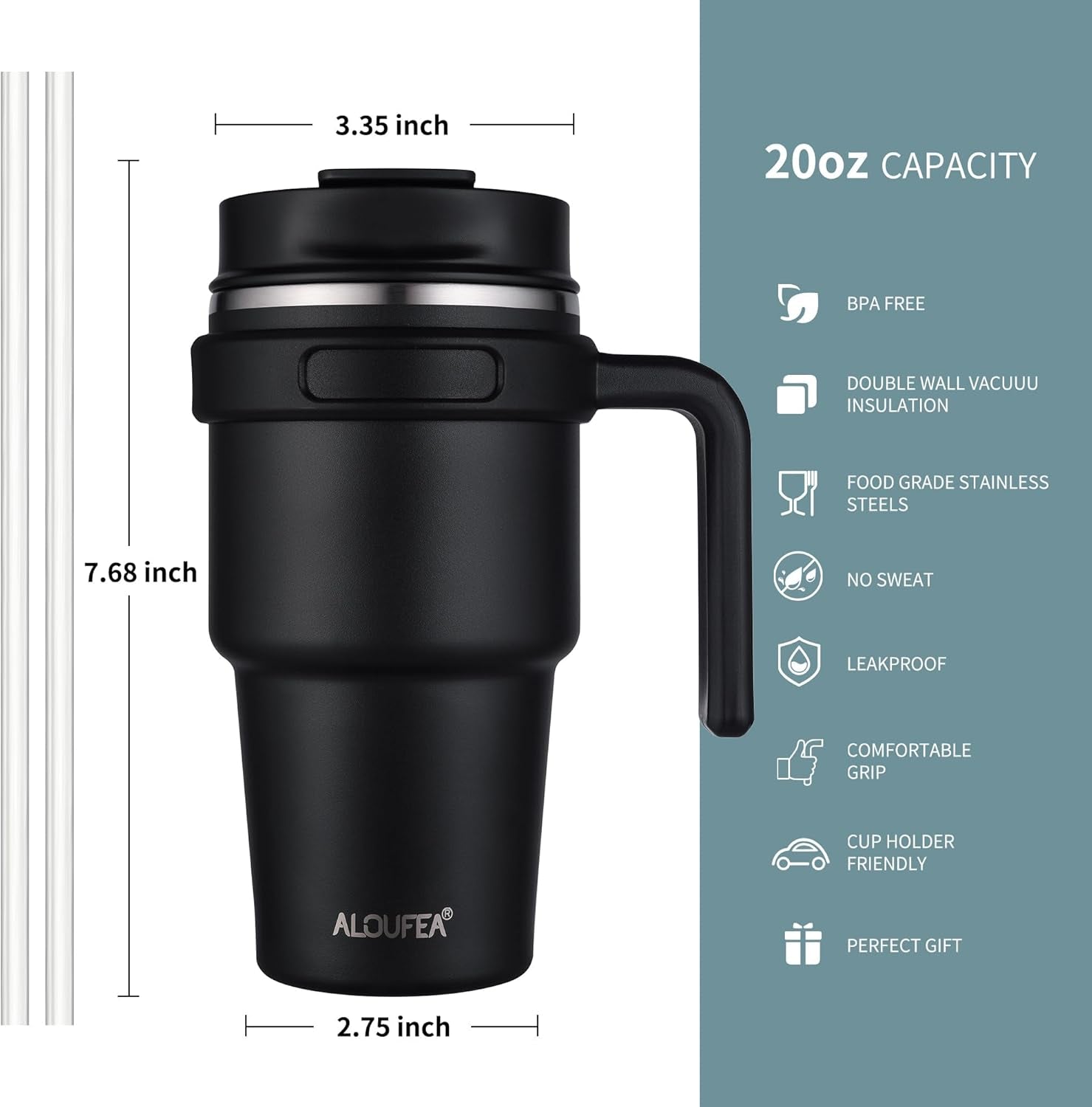 20 Oz Insulated Coffee Mug Tumbler with Handle, Stainless Steel Travel Mug Tumbler with Lid and Straw,Double Wall Vacuum Leak Proof Ice Coffee Thermal Cup,Sage