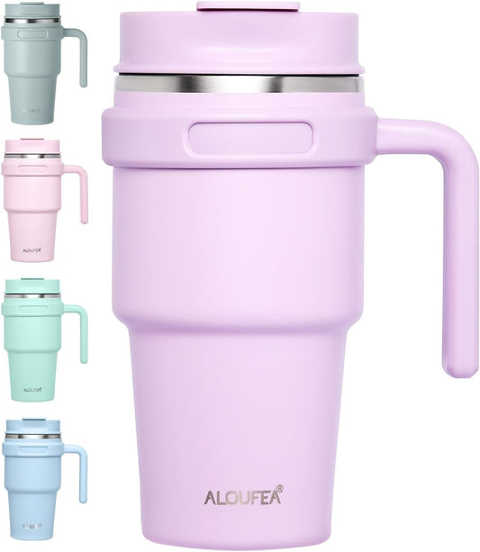 20 Oz Insulated Coffee Mug Tumbler with Handle, Stainless Steel Travel Mug Tumbler with Lid and Straw,Double Wall Vacuum Leak Proof Ice Coffee Thermal Cup,Lavender
