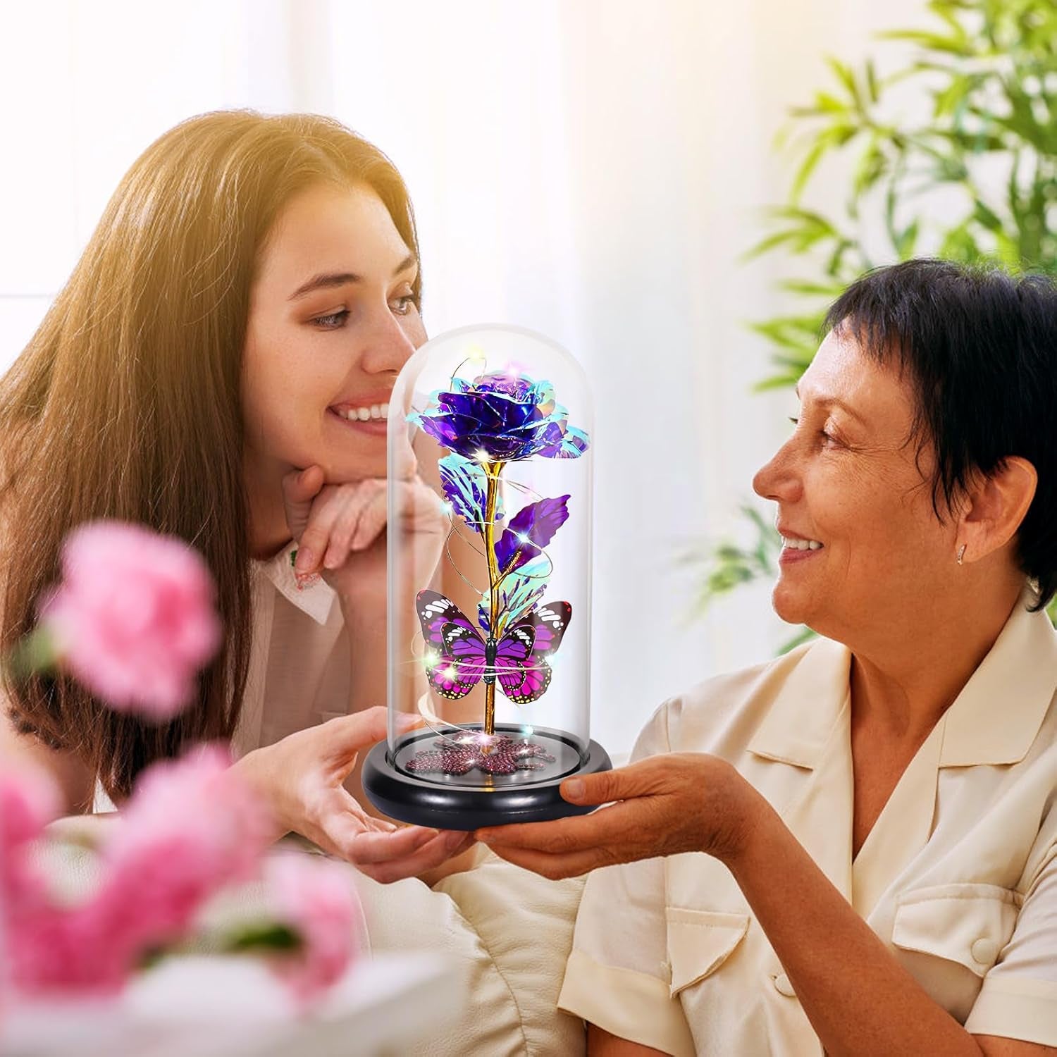 Mothers Day Flower Mom Gifts from Daughter Purple Rose Eternal Flower Light up Rose in Glass Dome with Butterfly Birthday Gifts for Women Thanksgiving Anniversary Grandma Girlfriend Wife Gift for Her