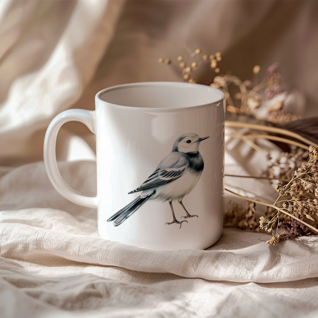 Bird Watching Mug, White Wagtail Song Bird Mug, 11oz or 15oz White Ceramic Coffee Mug Gift for Bird Watchers