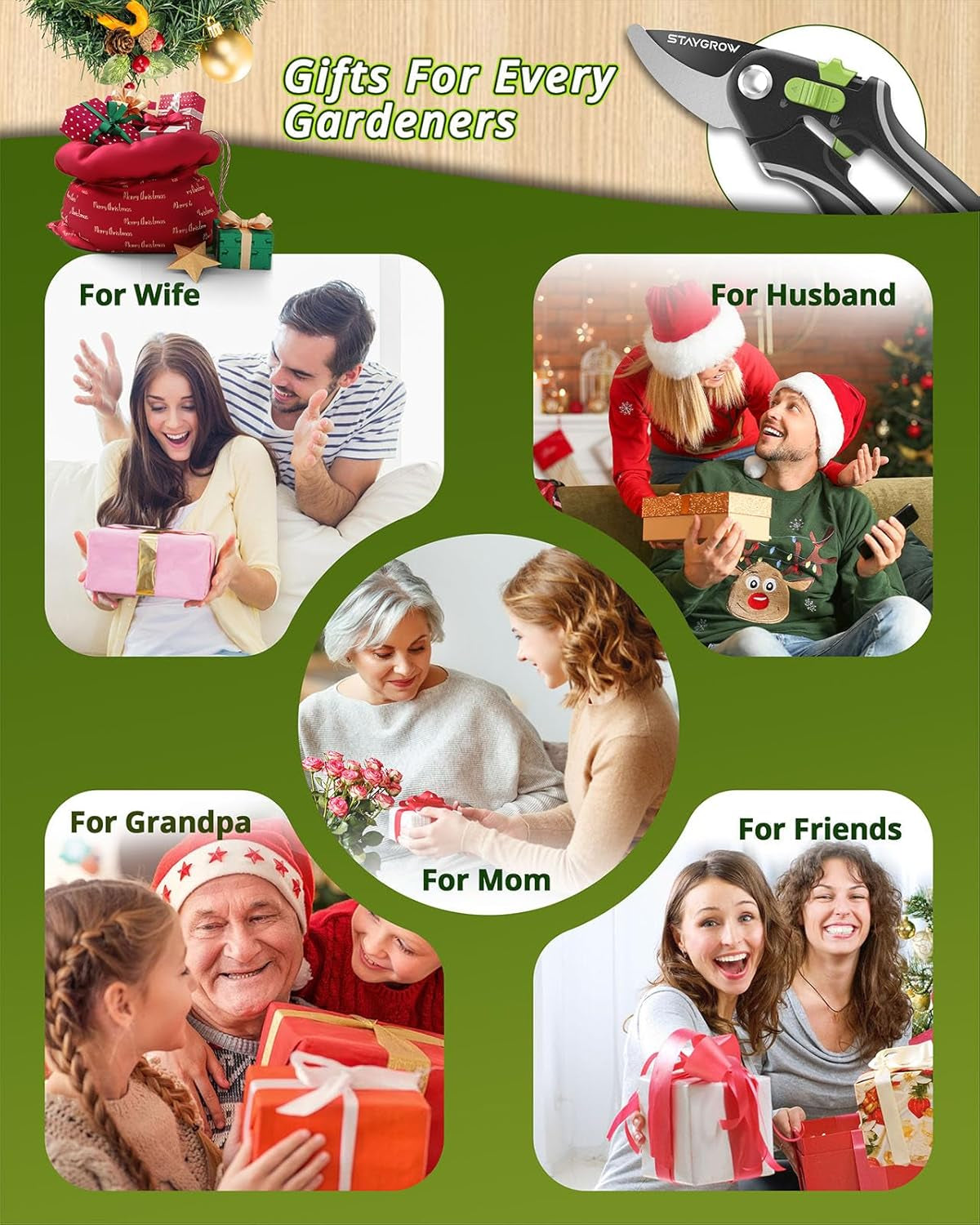 Pruning Shears for Gardening - 8.5" SK5 Garden Shears Cuts 10000+ Times Staying Sharp - Garden Scissors with One-Handed Unlocking & Adjustable Handle- Garden Clippers Gardening Tools for Men Women