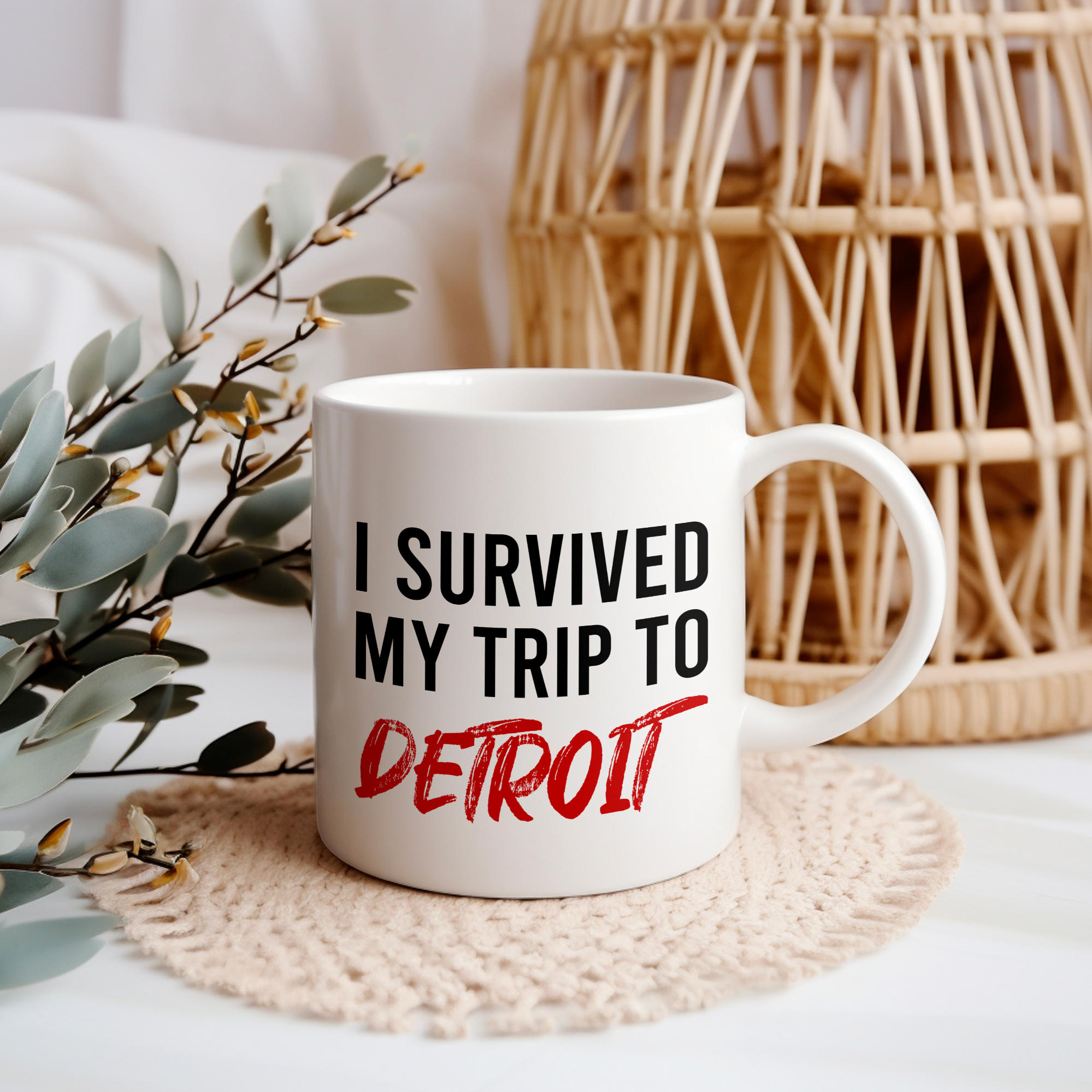 Funny Travel Mug – I Survived My Trip to Detroit, 11oz or 15oz White Ceramic Coffee Mug, Novelty Travel Gift
