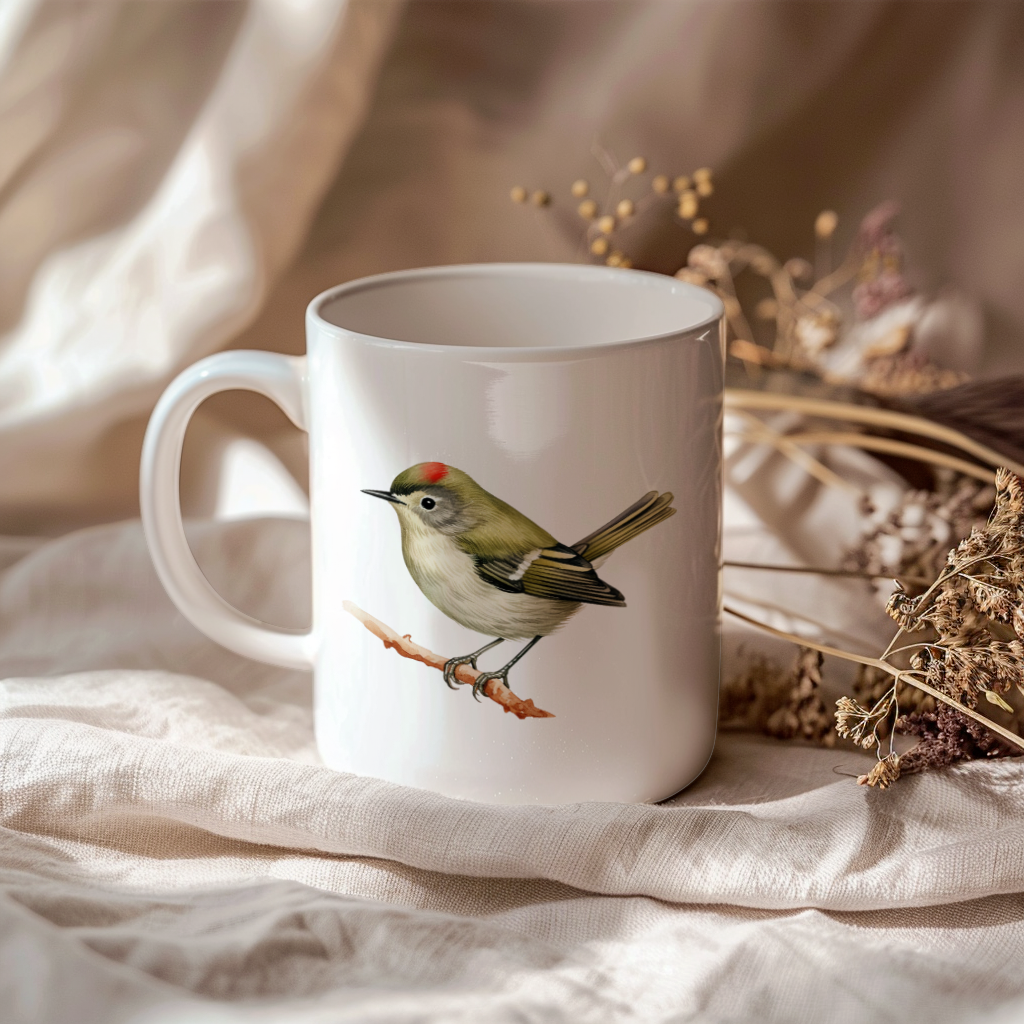 Bird Watching Mug, Ruby Crowned Kinglet Song Bird Mug, 11oz or 15oz White Ceramic Coffee Mug Gift for Bird Watchers