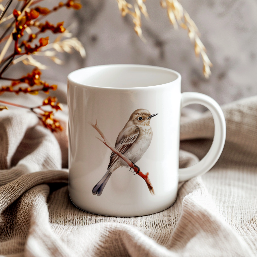 Bird Watching Mug, Spotted Flycatcher Song Bird Mug, 11oz or 15oz White Ceramic Coffee Mug Gift for Bird Watchers