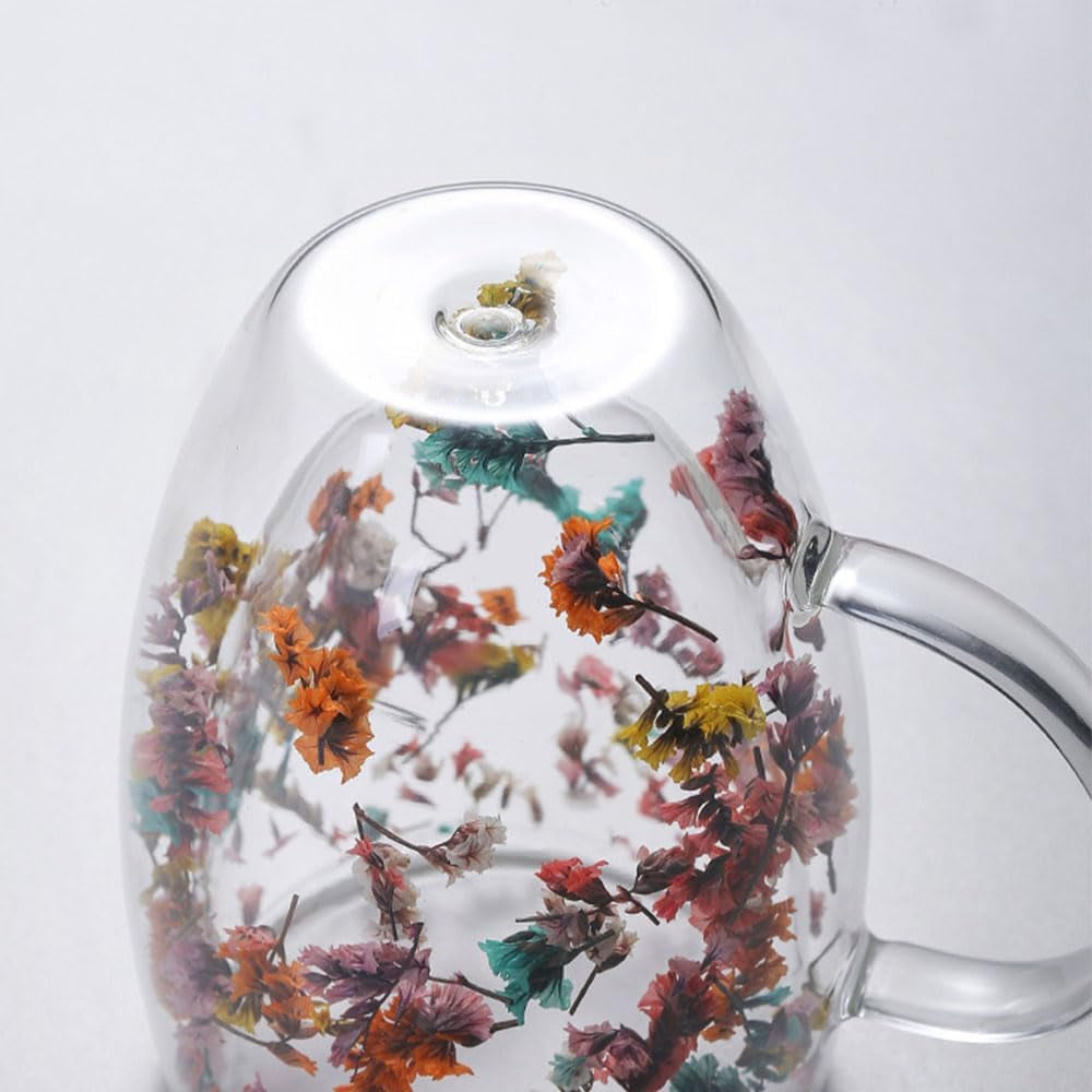 Pressed Flower Double Wall Glass Coffee Mug – Insulated Floral Tea & Coffee Cup with Handle