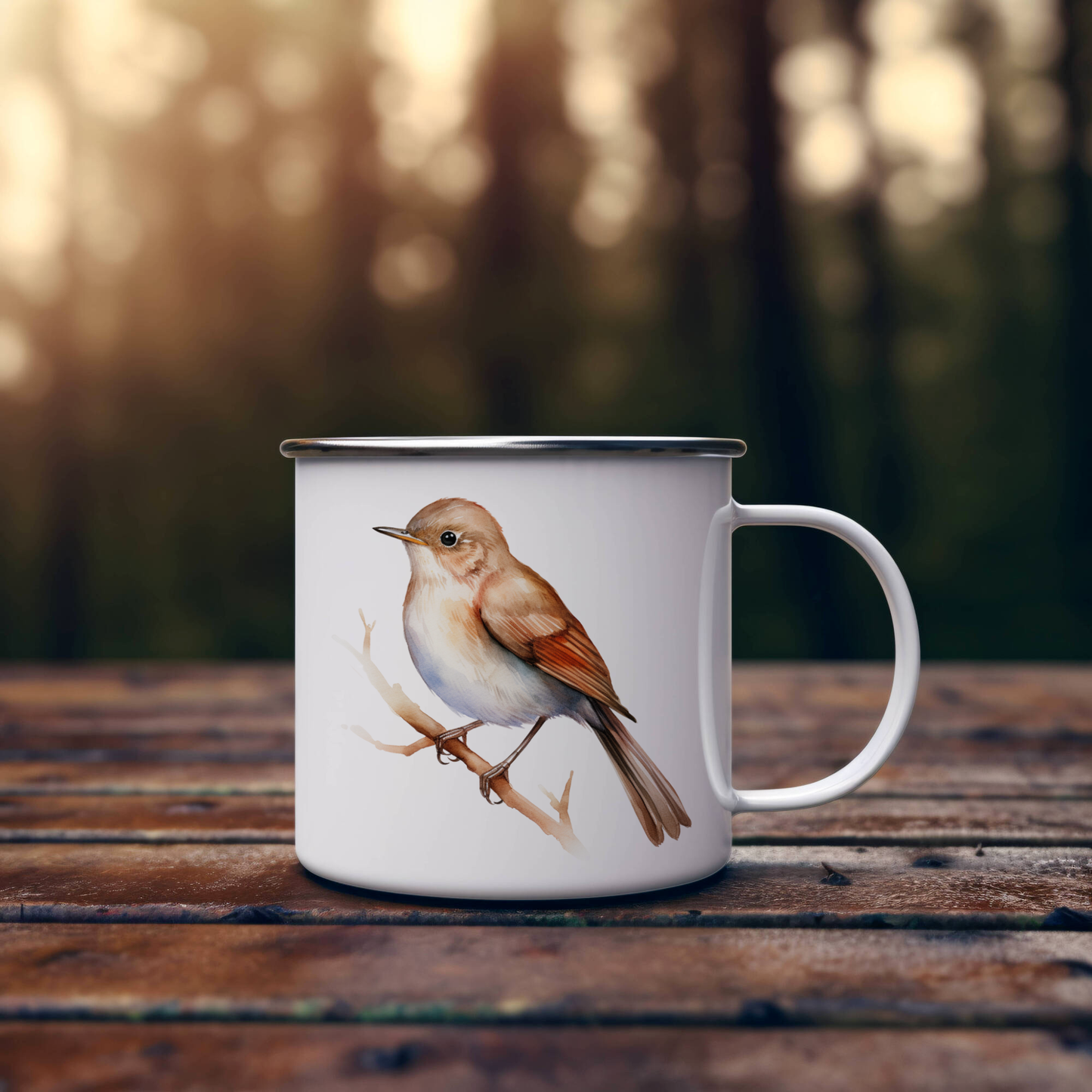Bird Watching Mug, Common Nightingale Song Bird Camping Mug, 12oz Camping Mug, White Stainless Steel Cup with Handle