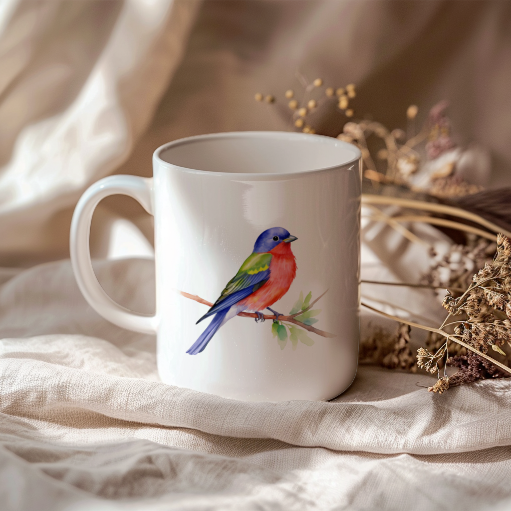 Bird Watching Mug, Painted Bunting Song Bird Mug, 11oz or 15oz White Ceramic Coffee Mug Gift for Bird Watchers