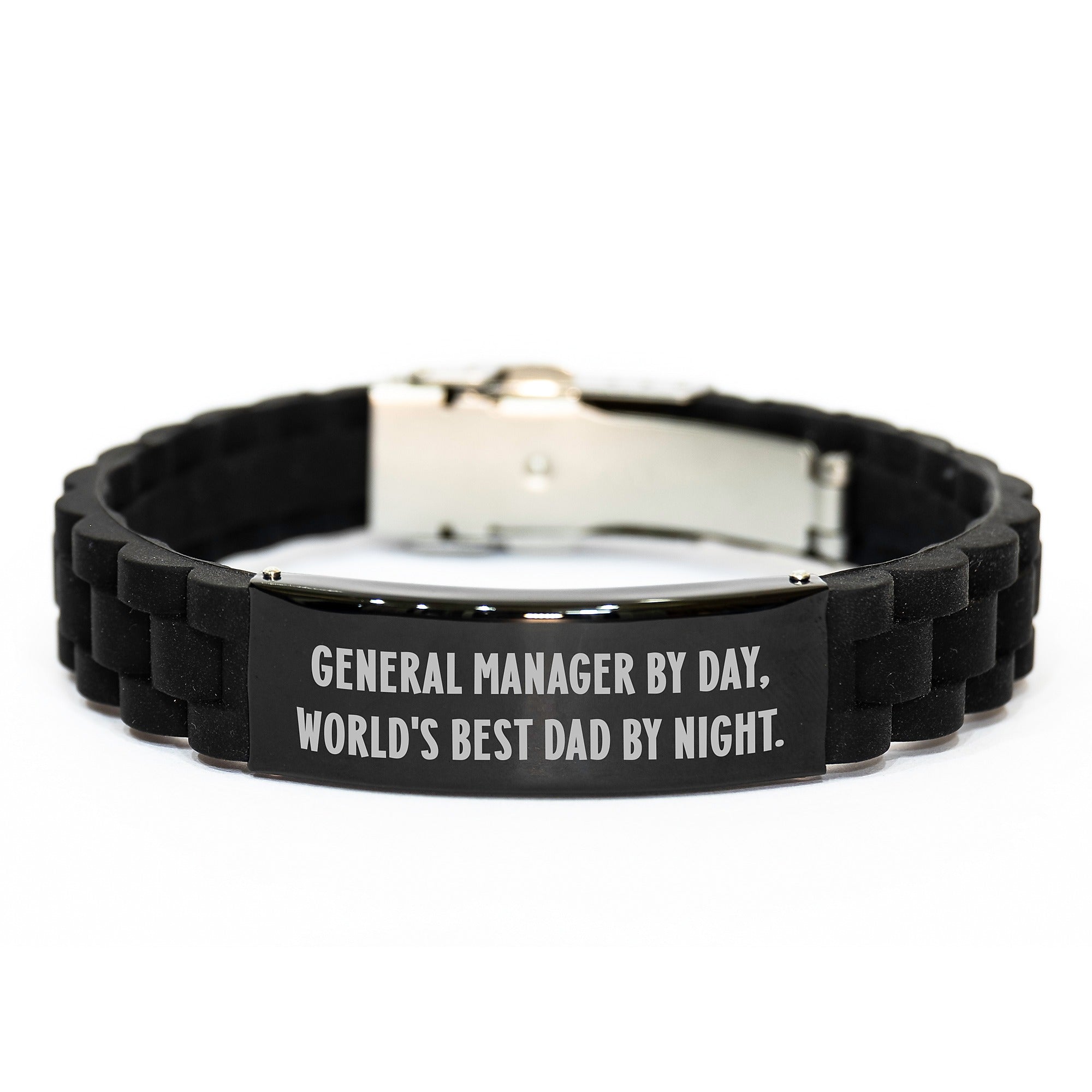 General Manager by Day, World's Best Dad by Night. Funny Glide lock Clasp Black Stainless Steel Silicone Adjustable Gift for General Manager, Gifts from Mom, Gifts for Men, Graduation Unique Gifts