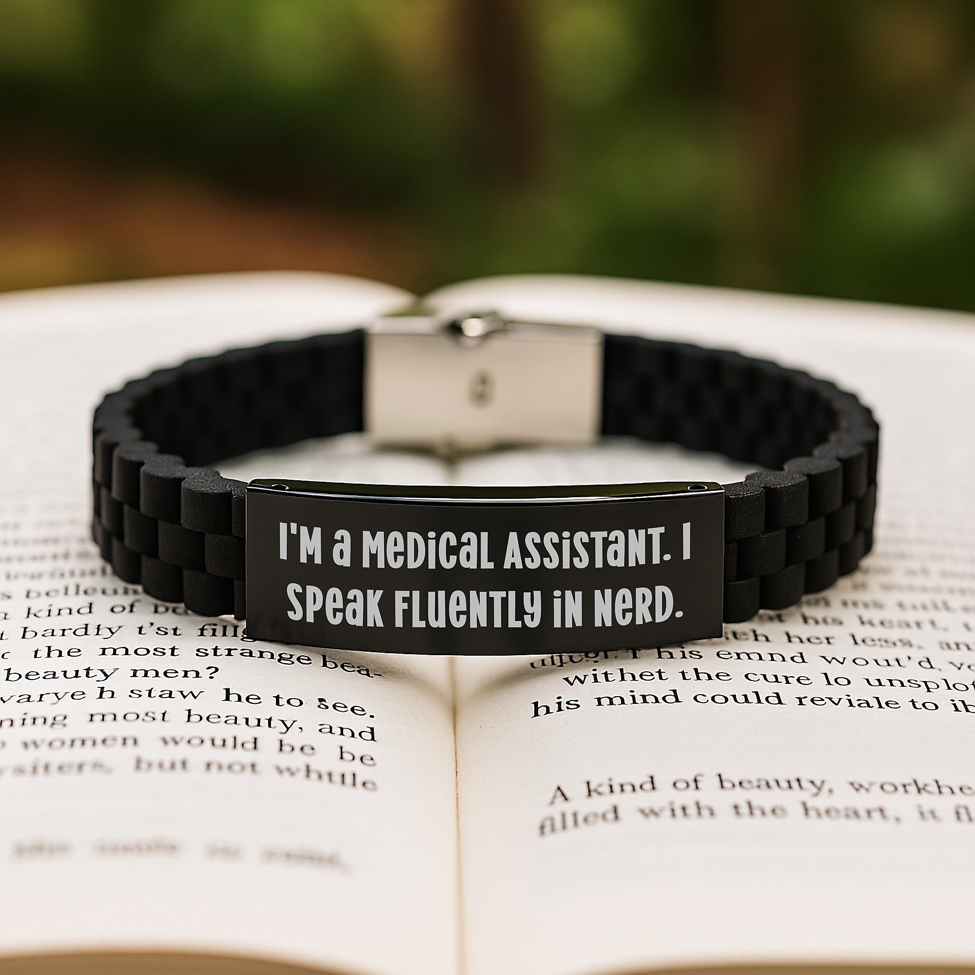 Medical Assistants Rock Gifts from Friends for Medical Assistant Graduation Wearing Quotes I'm A Medical Assistant. I Speak Fluently In genius. Glide lock Clasp Black Stainless Steel Silicone - Image 2