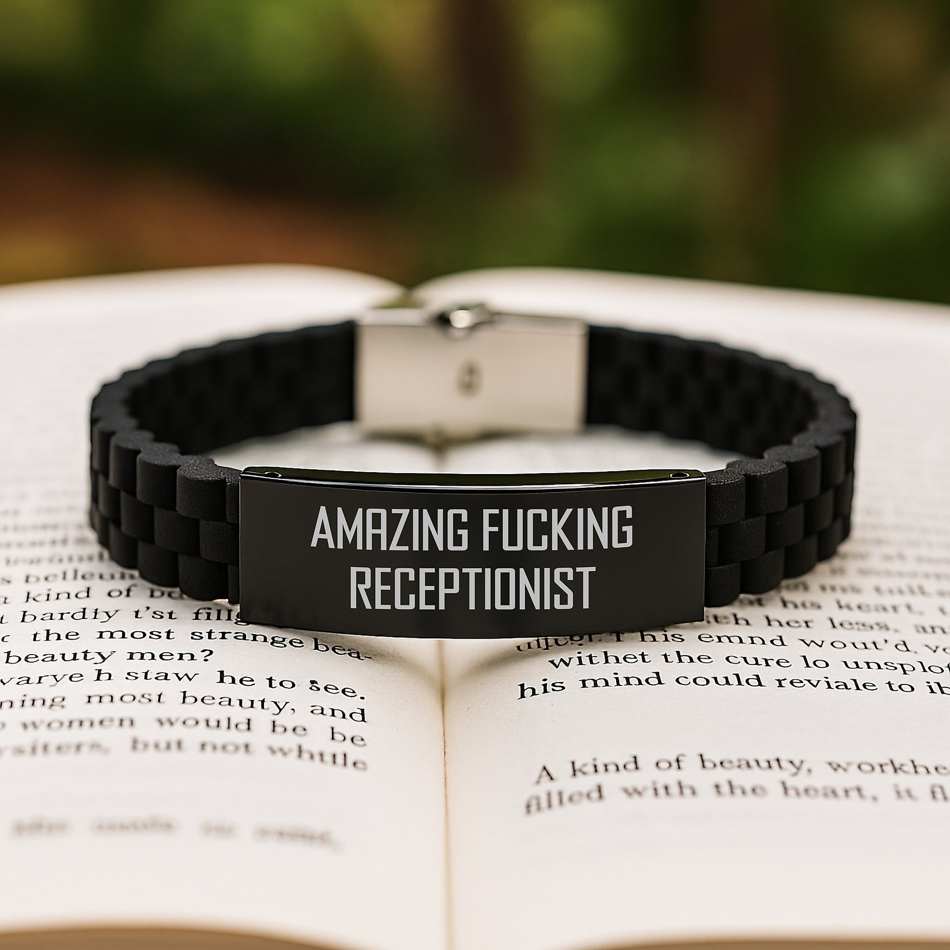 Receptionist Gifts from Friends, Funny Quote Inspired Glide lock Clasp Black Stainless Steel Silicone Adjustable Graduation Gift for Men Women Coworkers Family - Image 2