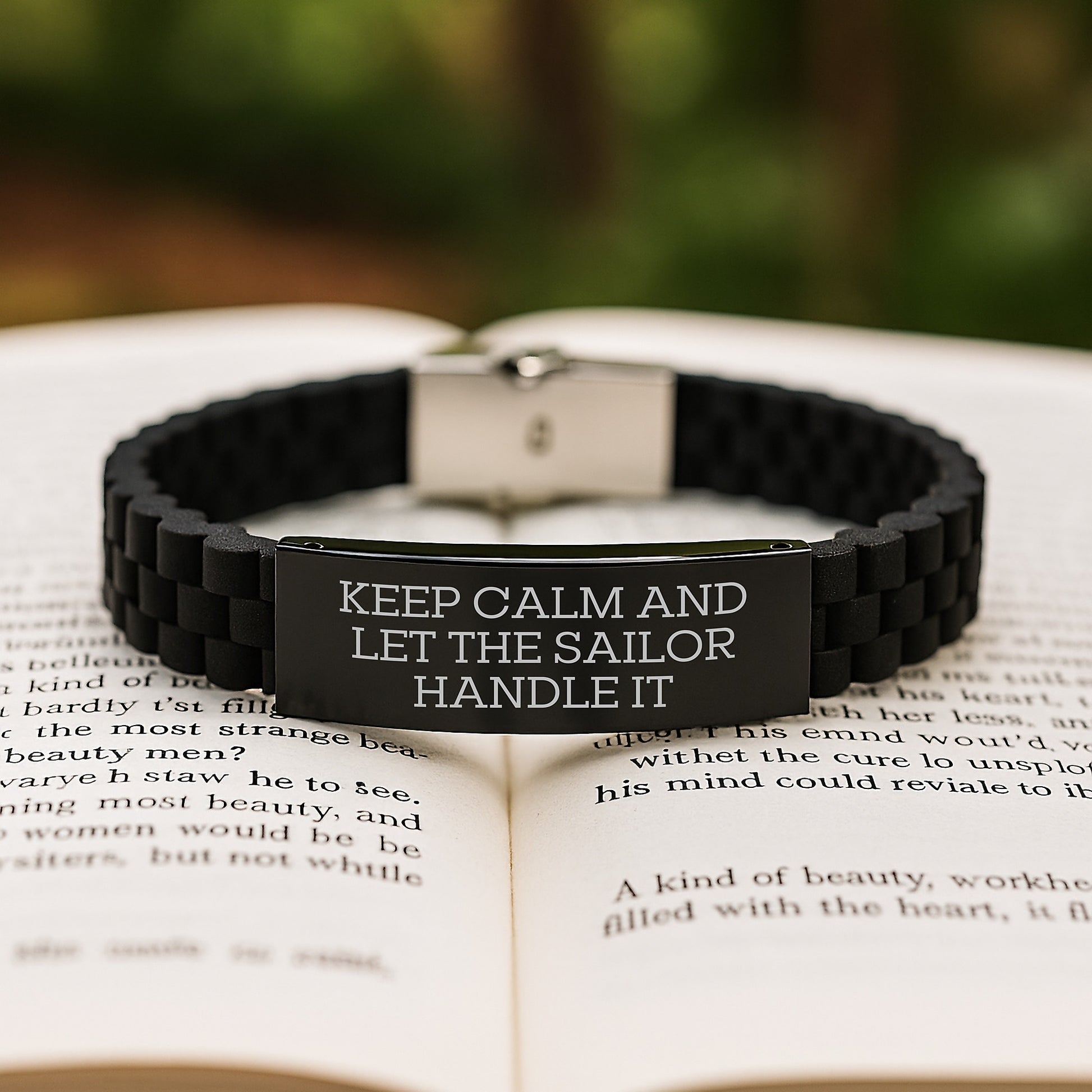 Funny Sailor Gifts for Men from Friends - Keep Calm And Let The Sailor Handle It Glide lock Clasp Black Stainless Steel Silicone Adjustable Bracelet for Graduation - Image 2
