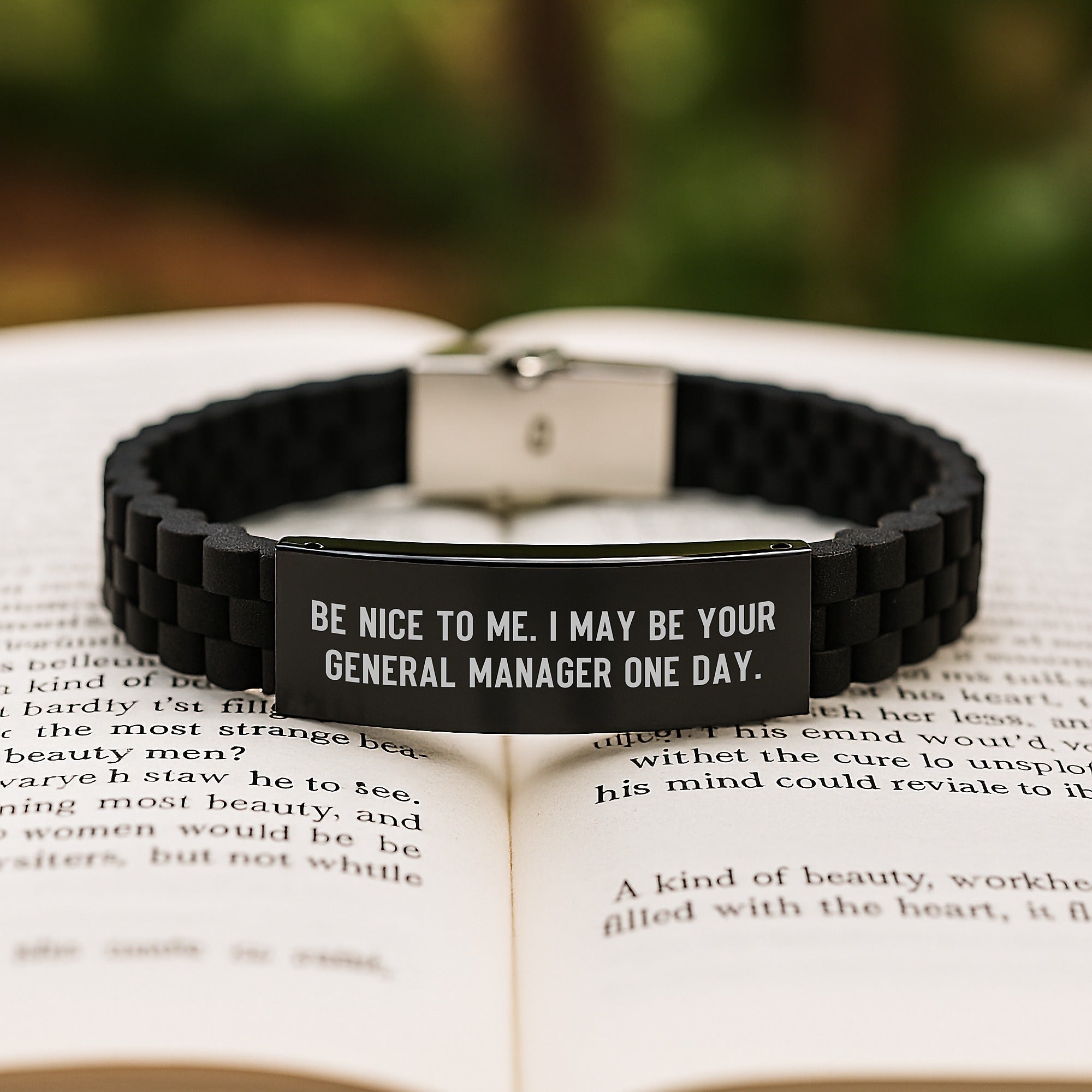 Nice General Manager Gifts from Friends for Graduation, Glide lock Clasp Black Stainless Steel Silicone Adjustable Men's Women's Bracelet, 'Be Nice To Me. I May Be Your General Manager One Day.' - Image 2