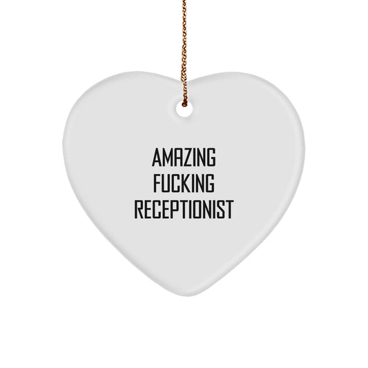 Funny Receptionist Gifts for Christmas - 'Amazing F--king Receptionist' Heart Ornament, White, Heart Shaped, Gifts from Friends, Gifts for Receptionist, Unique Holiday Gift - Image 1
