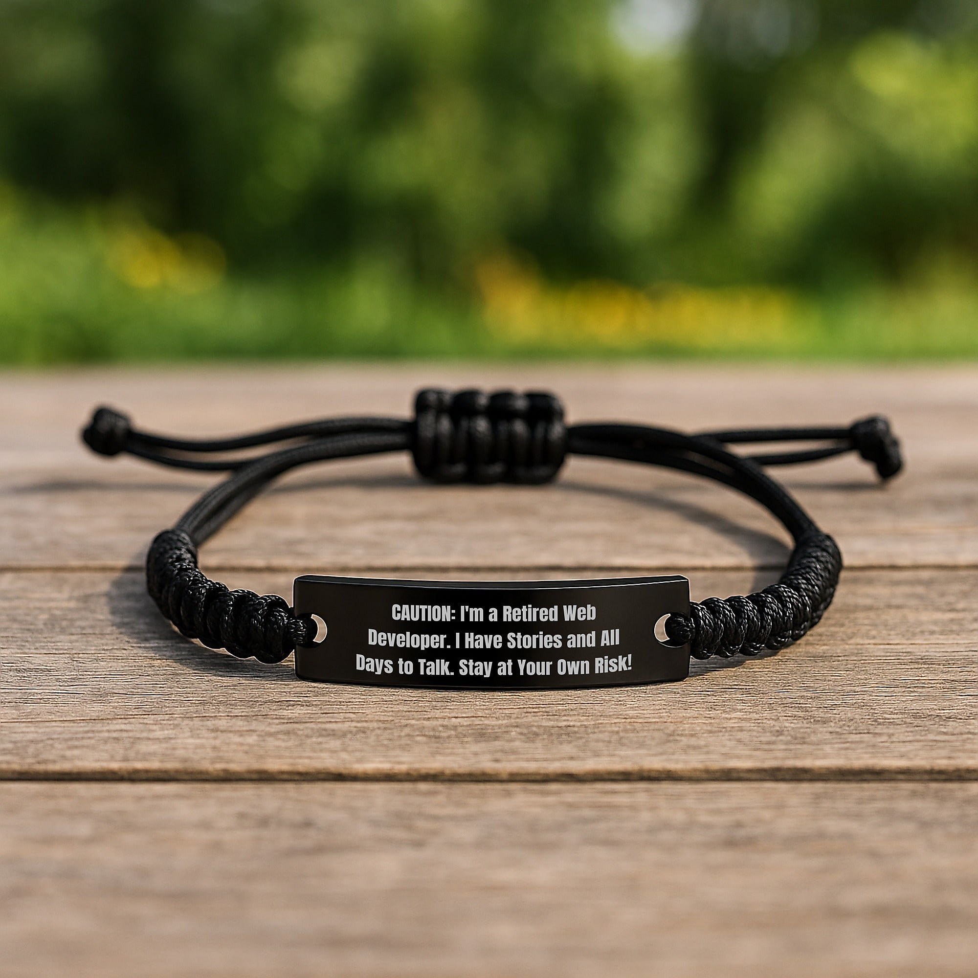 Funny Web Developer Gift: 'Caution: I'm A Retired Web Developer...' Black Rope Bracelet for Men, Women, and Friends, Birthday Unique Gifts from Family, Coworkers - Image 2