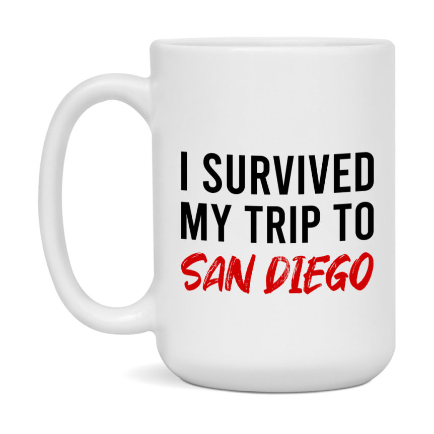 Funny Travel Mug – I Survived My Trip to San Diego, 11oz or 15oz White Ceramic Coffee Mug, Novelty Travel Gift
