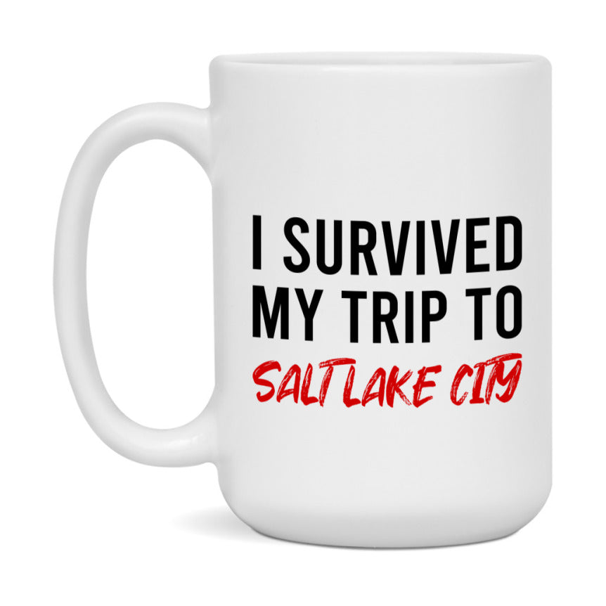 Funny Travel Mug – I Survived My Trip to Salt Lake Salt Lake City, 11oz or 15oz White Ceramic Coffee Mug, Novelty Travel Gift