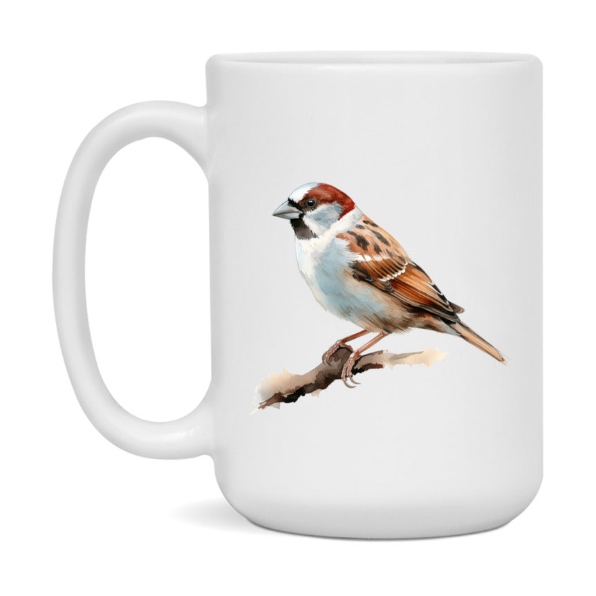 Bird Watching Mug, House Sparrow Song Bird Mug, 11oz or 15oz White Ceramic Coffee Mug Gift for Bird Watchers