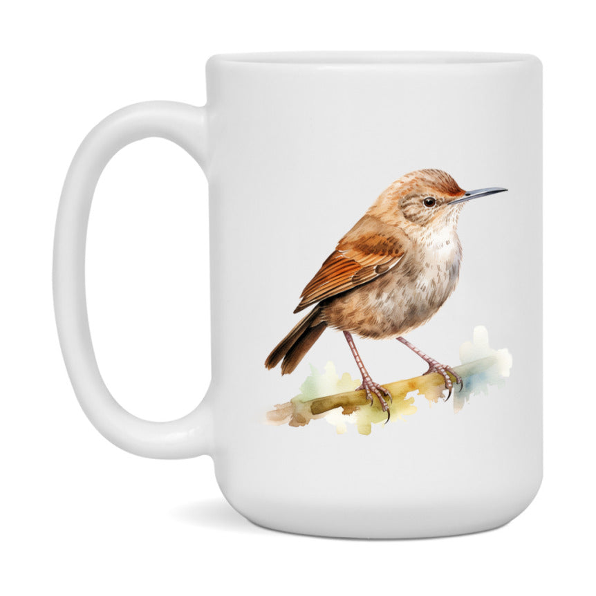 Bird Watching Mug, House Wren Song Bird Mug, 11oz or 15oz White Ceramic Coffee Mug Gift for Bird Watchers