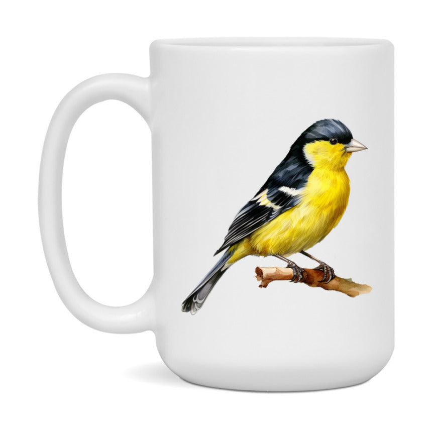 Bird Watching Mug, Lesser Goldfinch Song Bird Mug, 11oz or 15oz White Ceramic Coffee Mug Gift for Bird Watchers