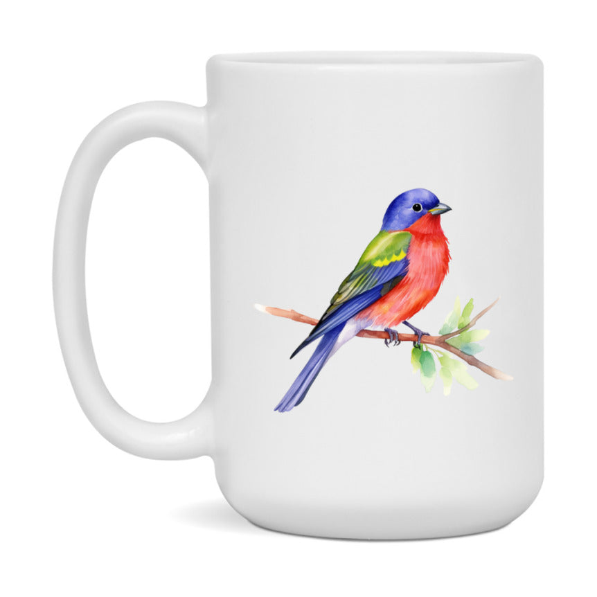 Bird Watching Mug, Painted Bunting Song Bird Mug, 11oz or 15oz White Ceramic Coffee Mug Gift for Bird Watchers