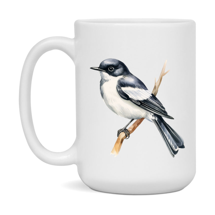 Bird Watching Mug, Pied Flycatcher Song Bird Mug, 11oz or 15oz White Ceramic Coffee Mug Gift for Bird Watchers
