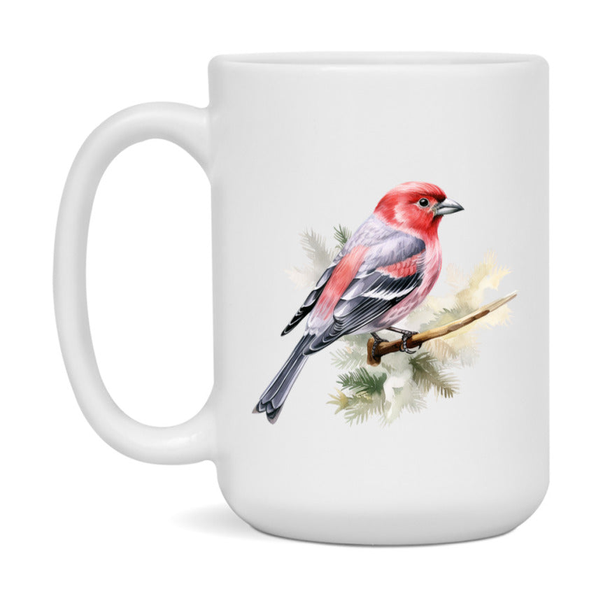 Bird Watching Mug, Pine Grosbeak Song Bird Mug, 11oz or 15oz White Ceramic Coffee Mug Gift for Bird Watchers